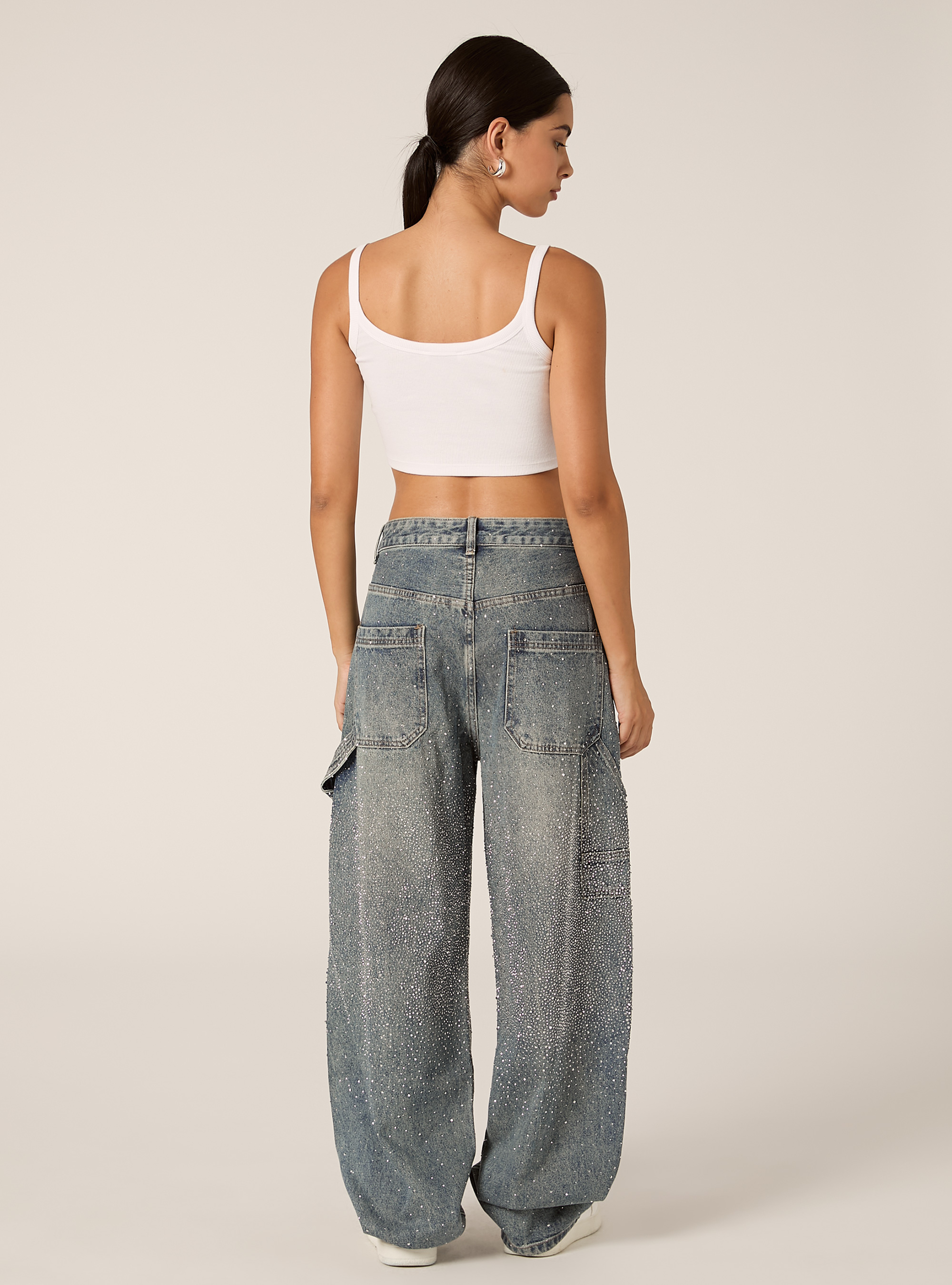 Baggy carpenter jeans with rhinestones, D003 MEDIUM BLUE