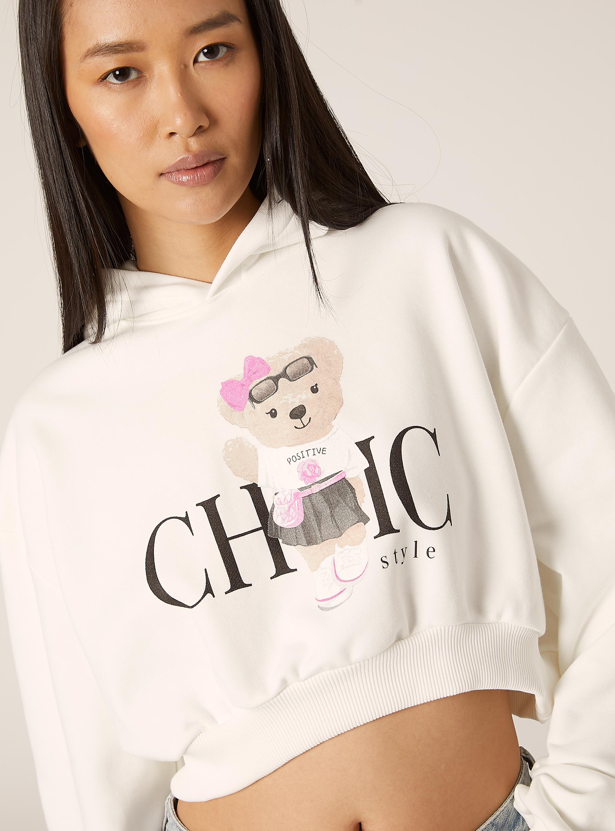 Sweatshirt court avec imprim&eacute; Teddy, WH2 WHITE