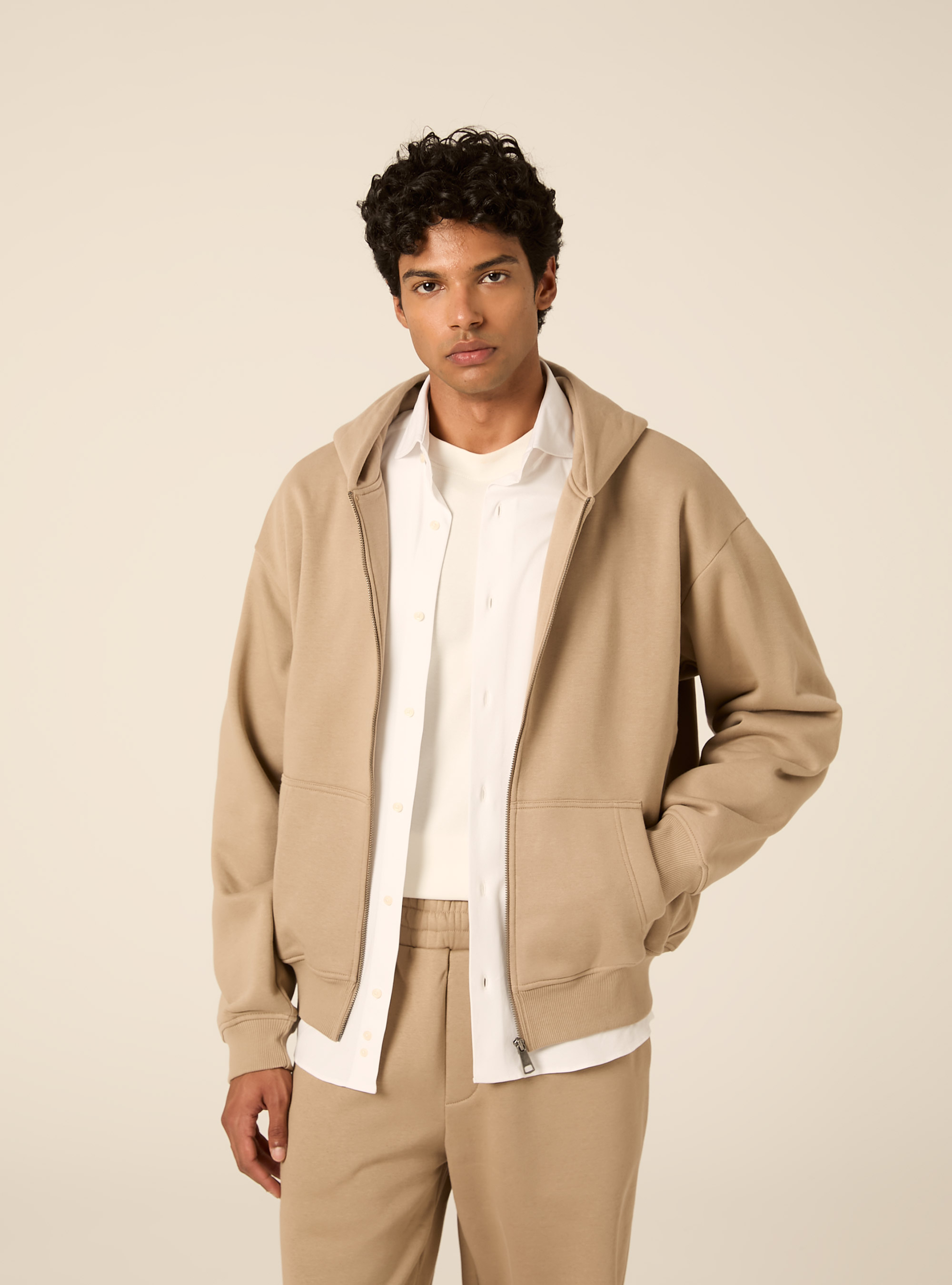 Felpa Boxy fit con zip e cappuccio, BEIGE MEDIO