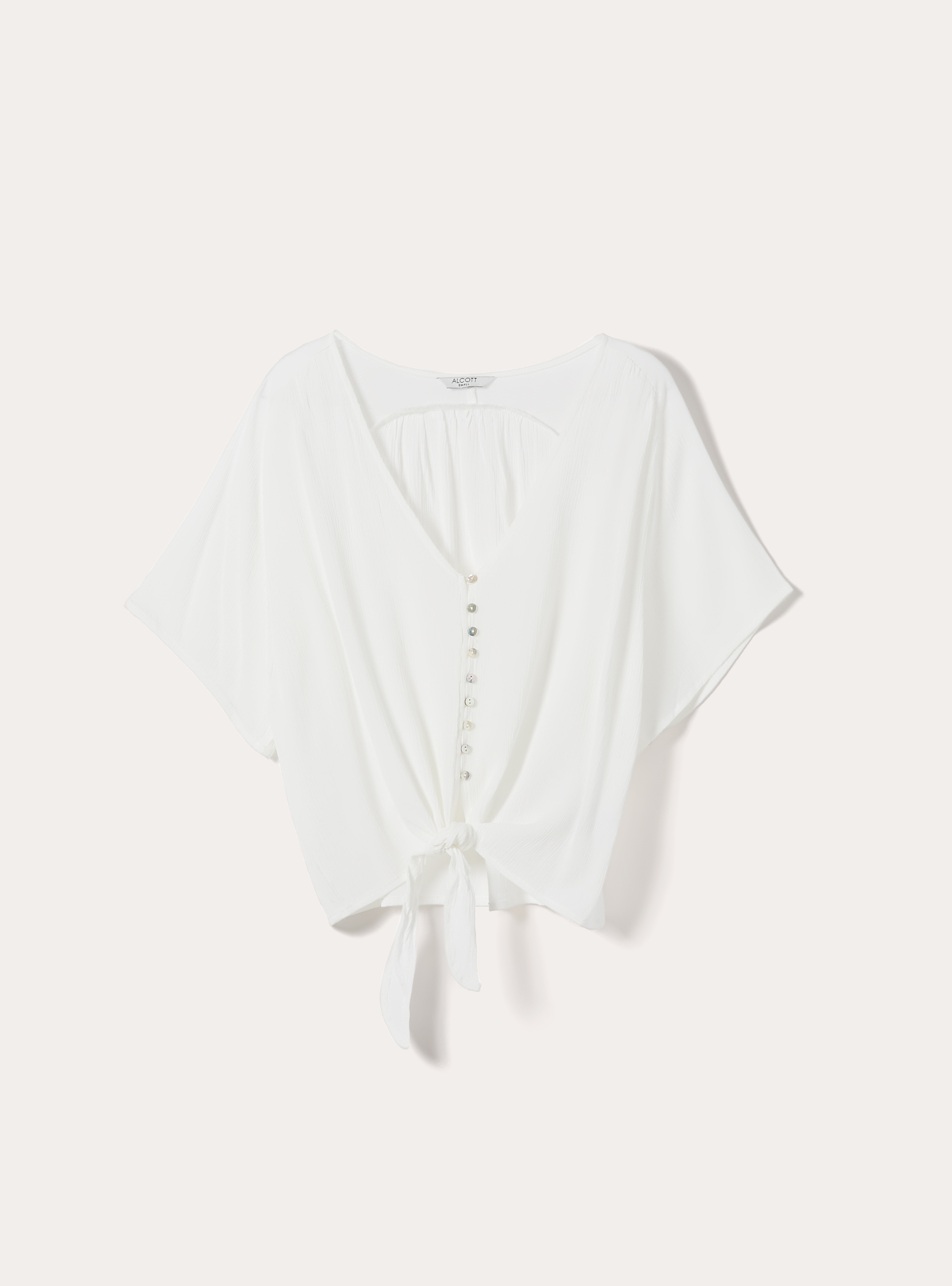 Camicia scollo a v tinta unita e nodo in vita, OFF WHITE