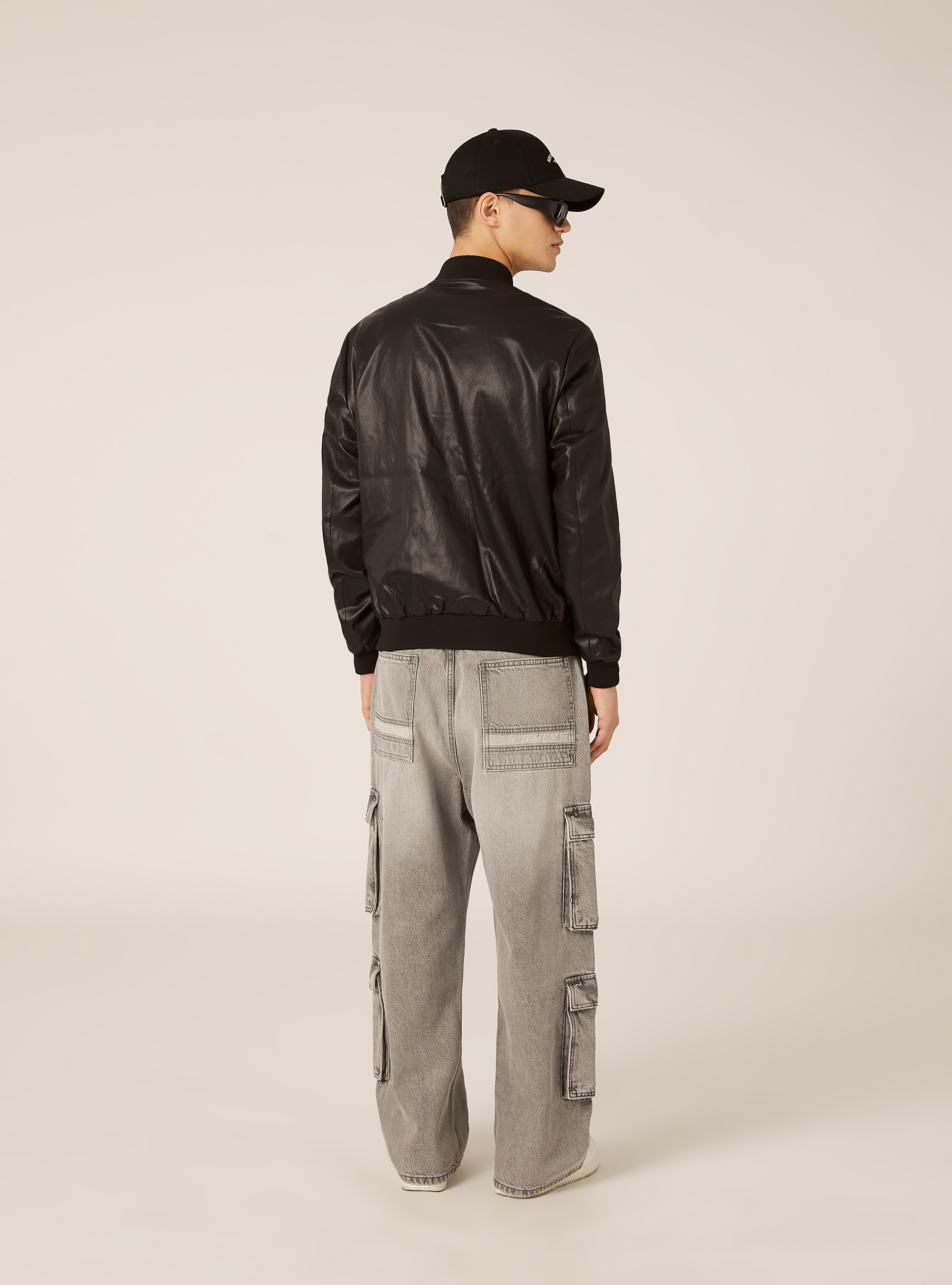 Faux Leather Bomber Jacket, BK1 BLACK