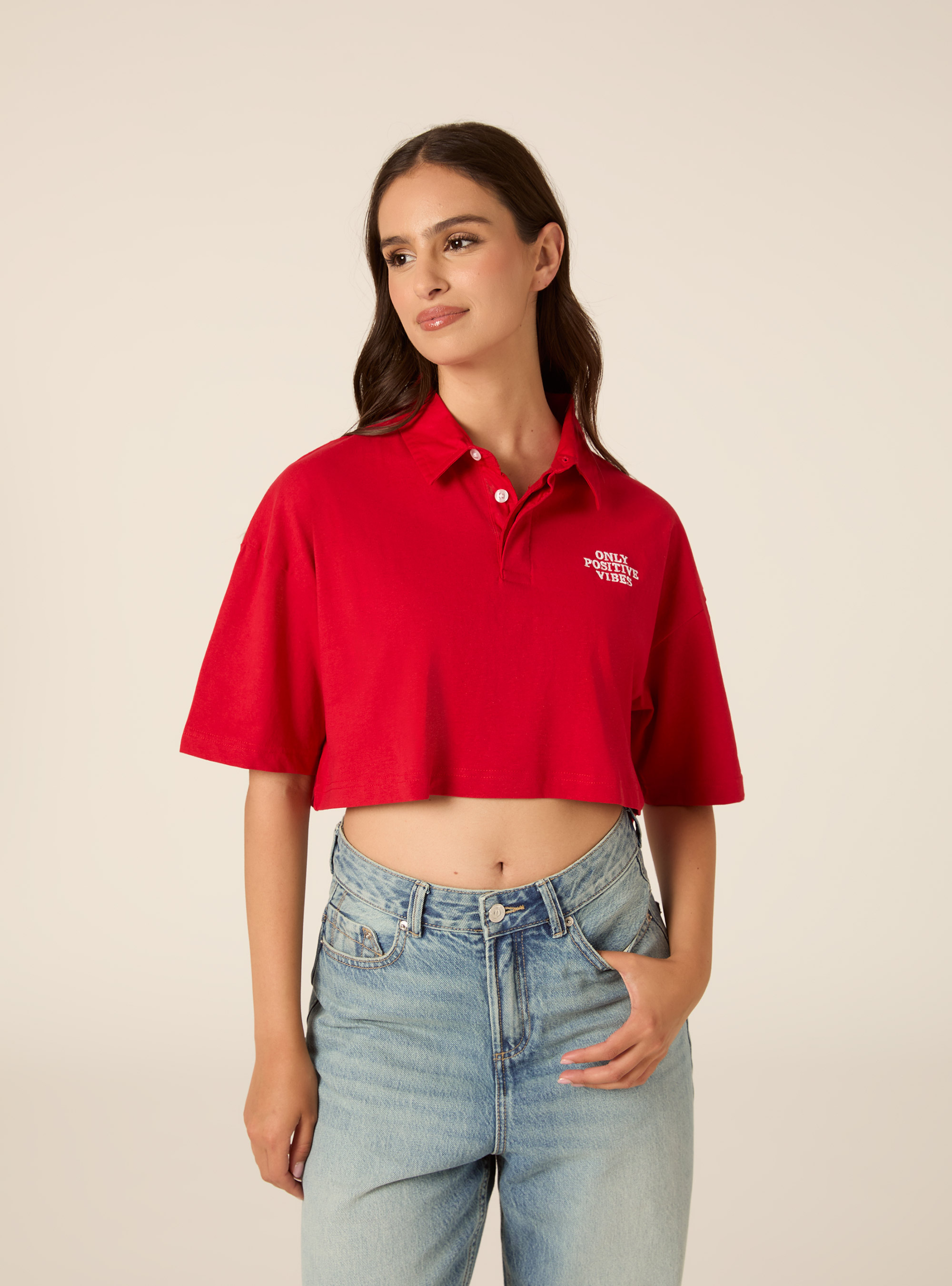 Polo Court Oversize &agrave; Broderie, RD2 RED MEDIUM