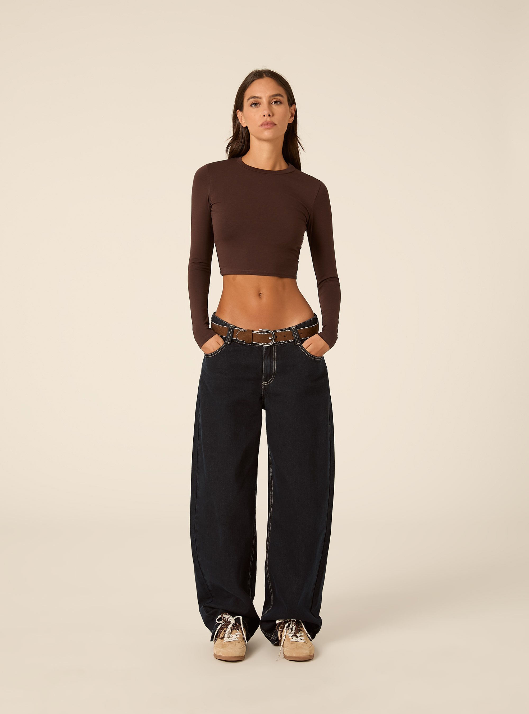 Long Sleeve Crop Top, BR1 BROWN DARK