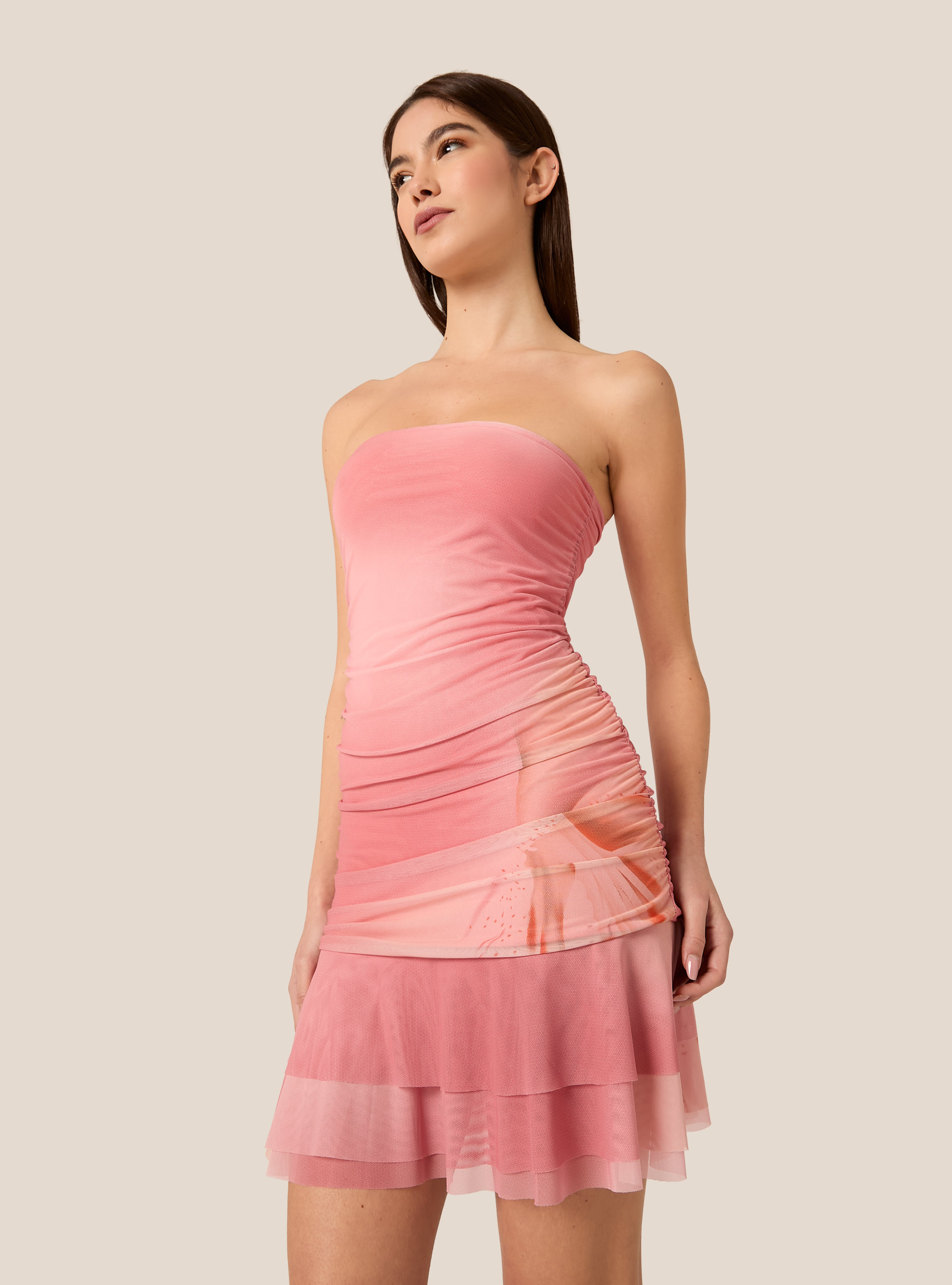 Strapless Ruched Mesh Mini Dress with Flounce Hem, PK2 PINK MEDIUM