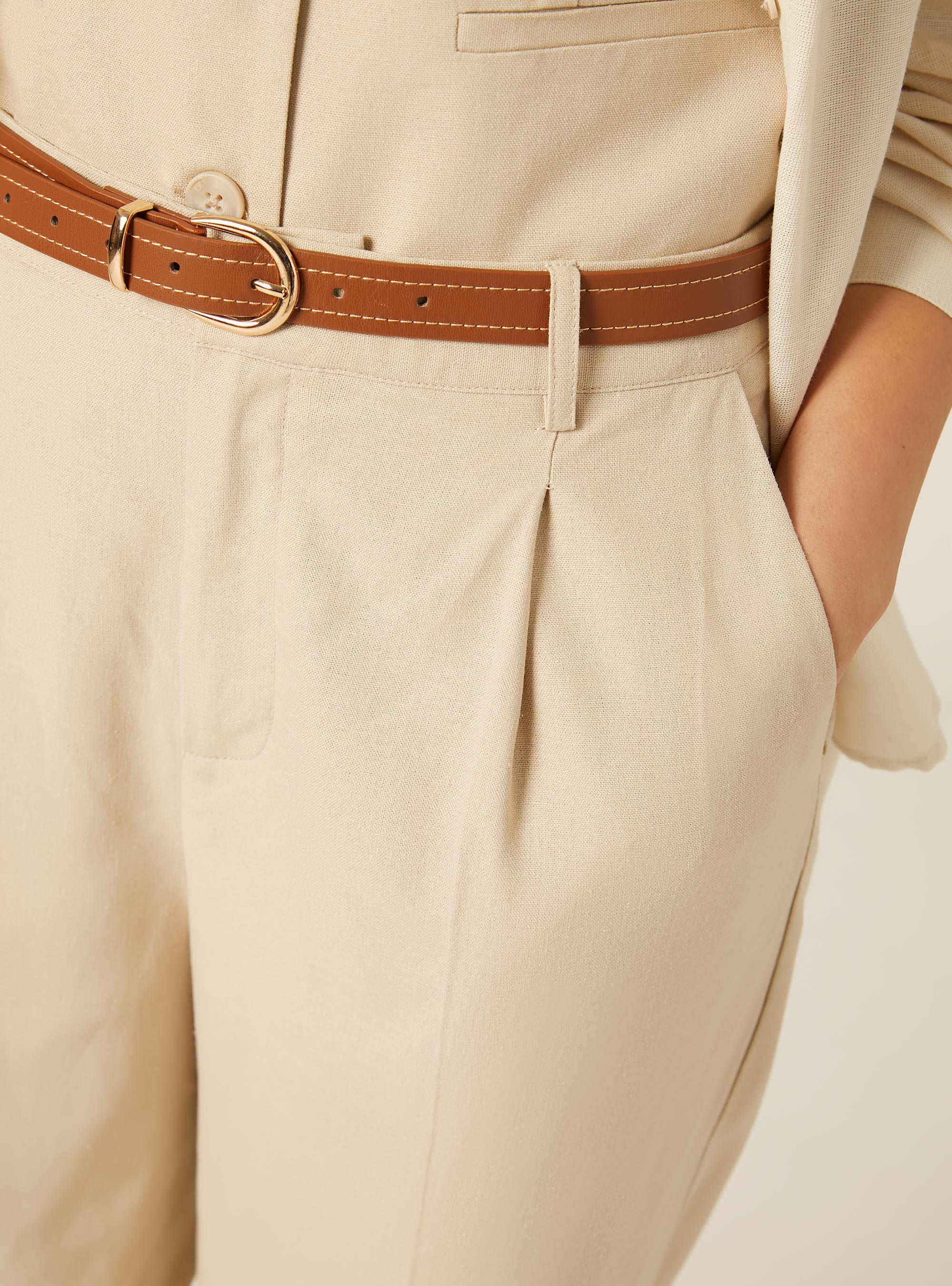 Chino-Hose aus Leinenmischung mit G&uuml;rtel, MBG2 BEIGE MEL MED
