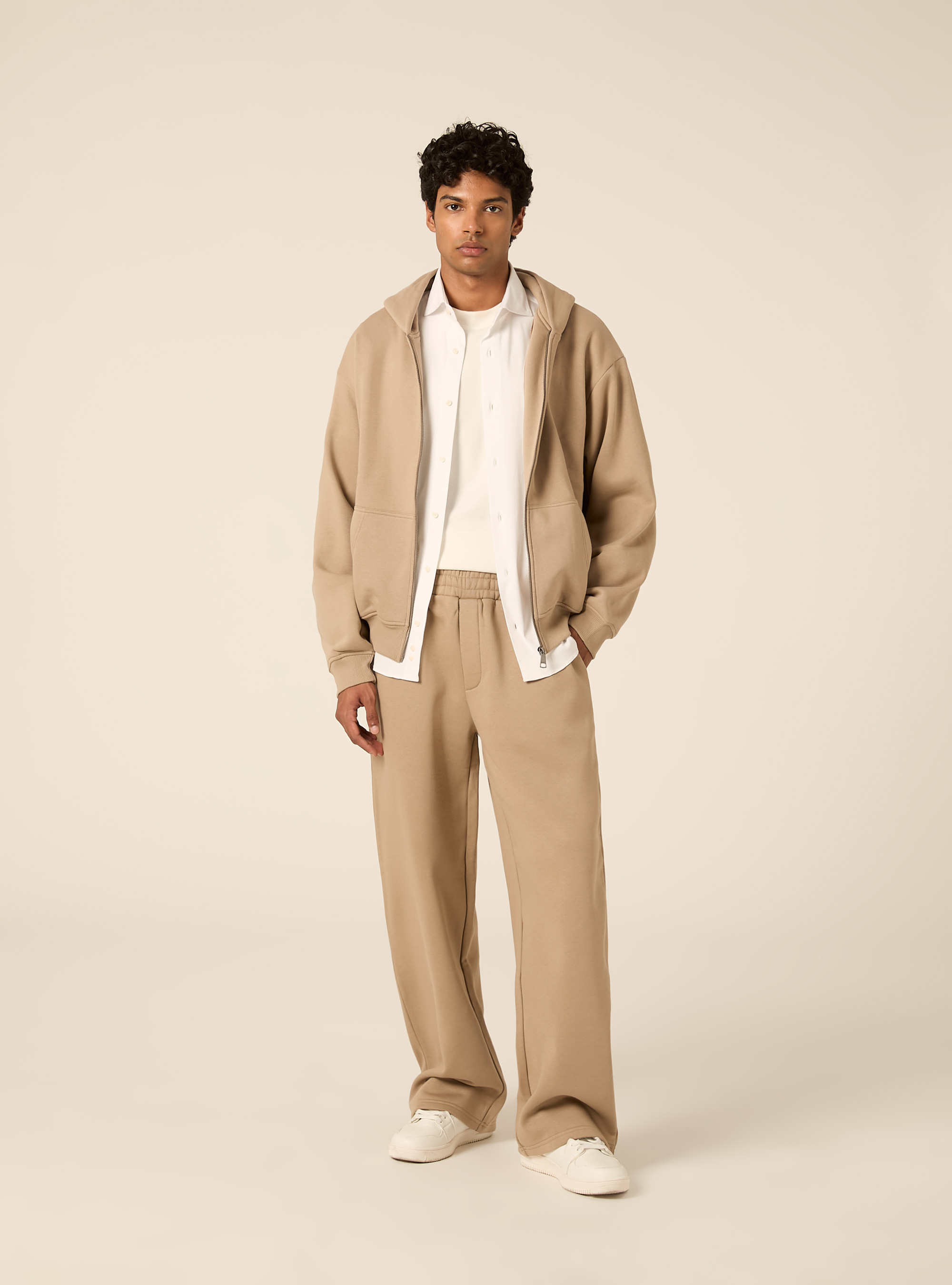 Felpa Boxy fit con zip e cappuccio, BEIGE MEDIO