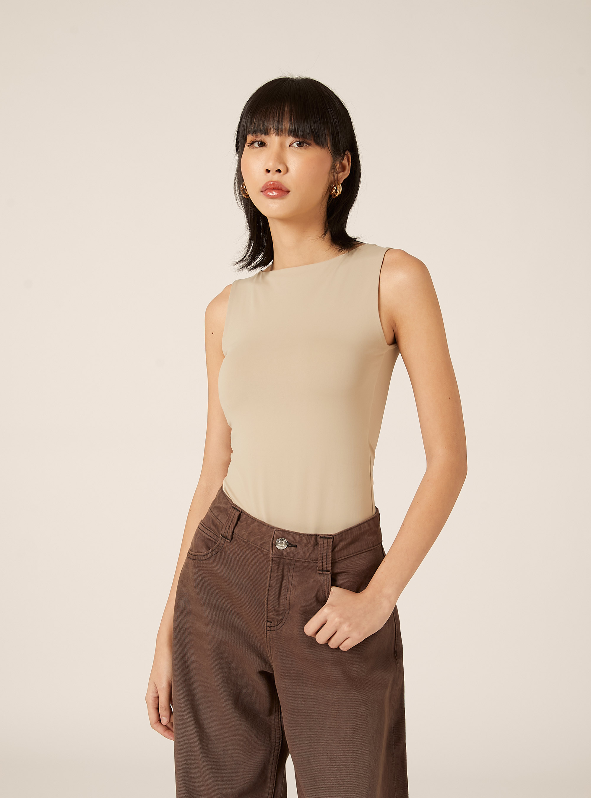 Body con scollo halter elasticizzato, BEIGE CHIARO