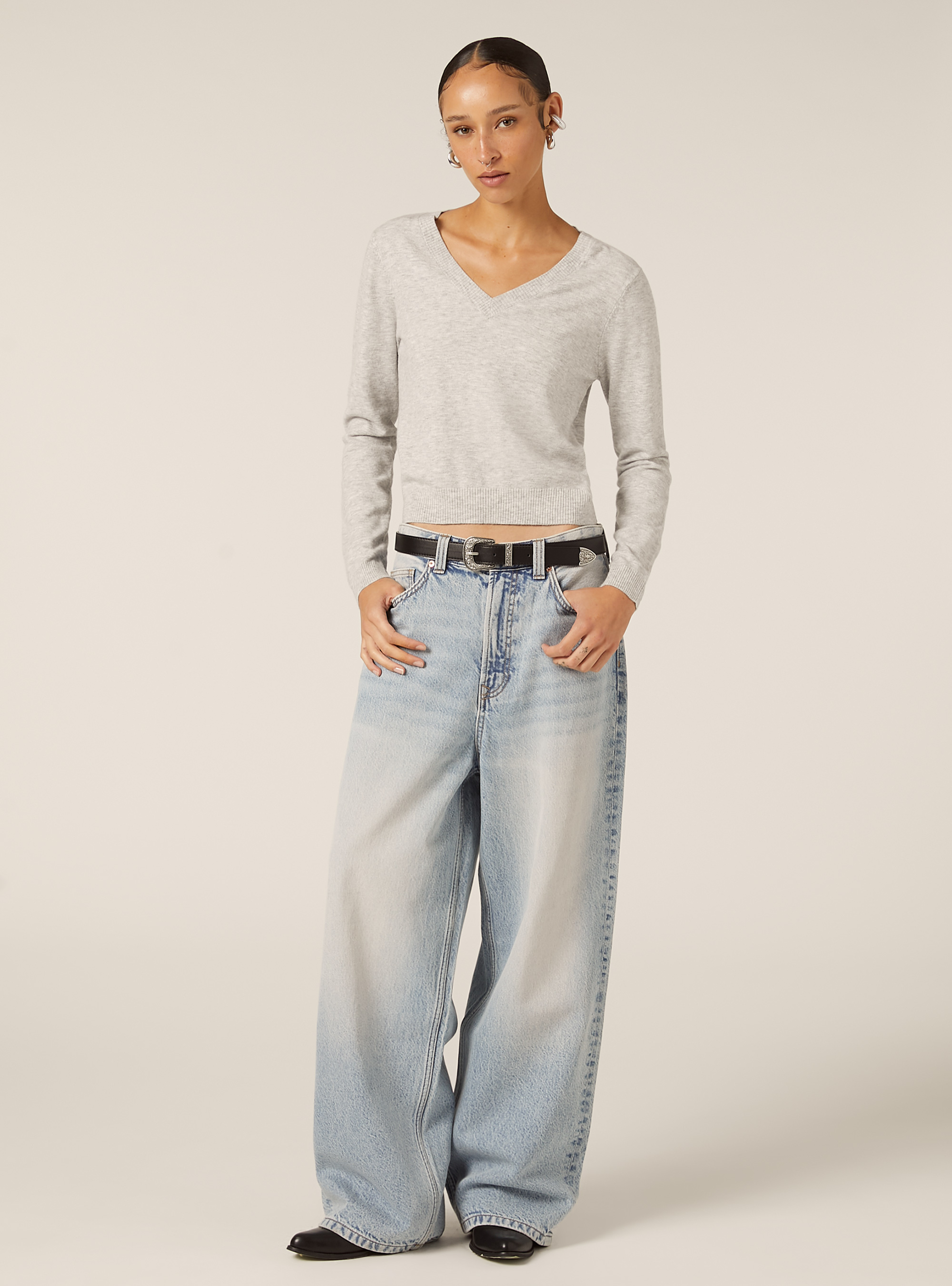 Pull &agrave; col en V coupe boxy, MGY2 GREY MEL MEDIUM