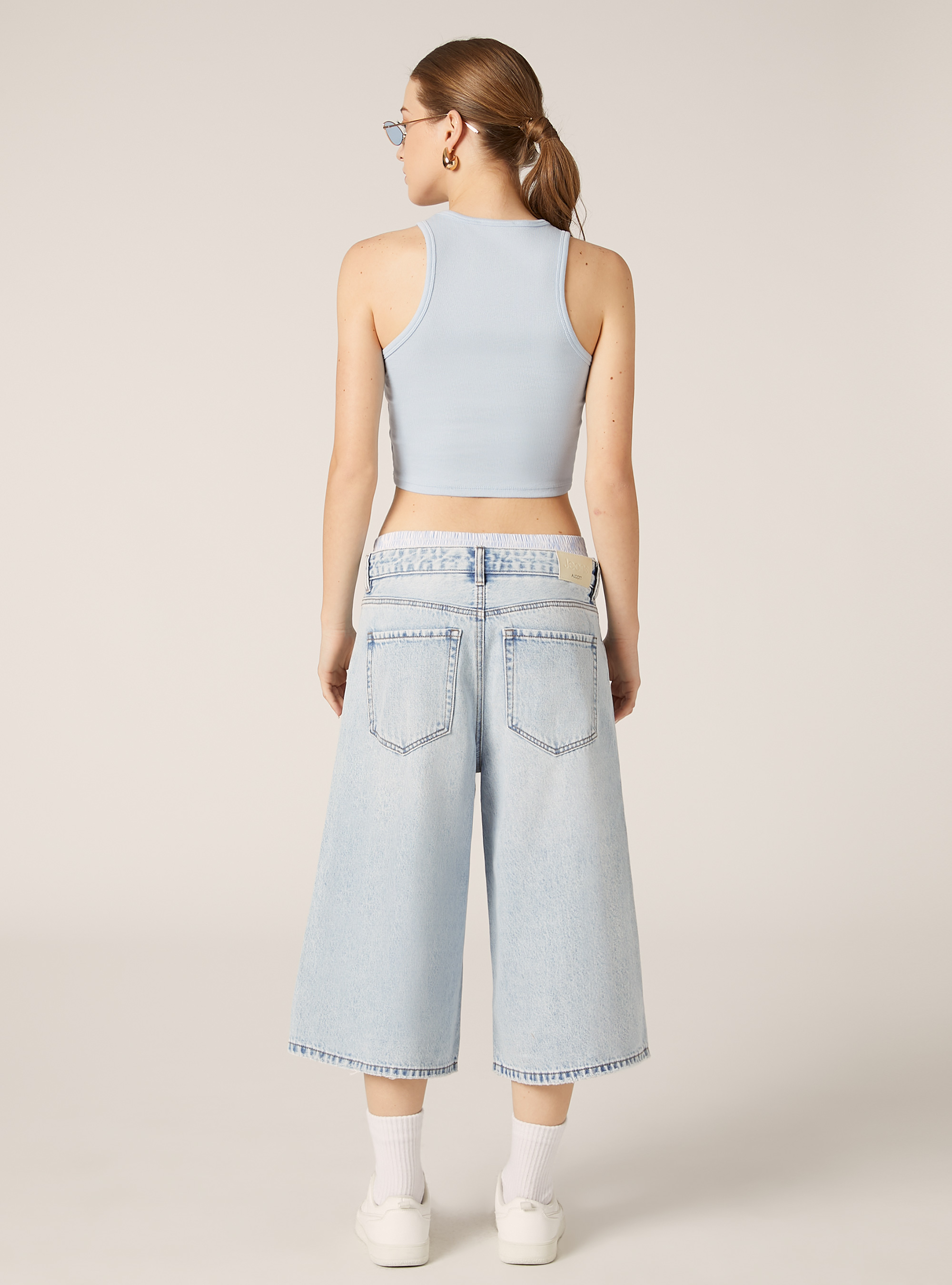 Jorts in denim con vita combinata, D006 AZURE