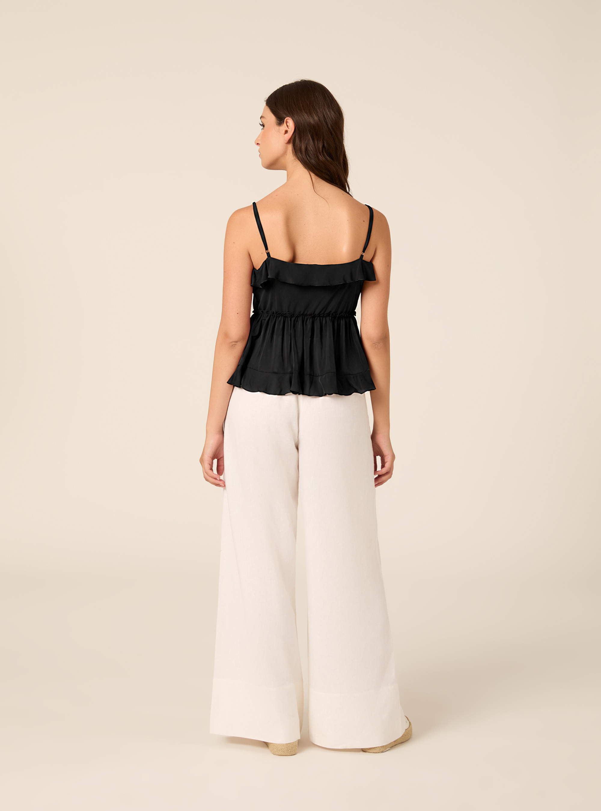 Ruffled Cami Top with Front Tie Details, BK1 BLACK