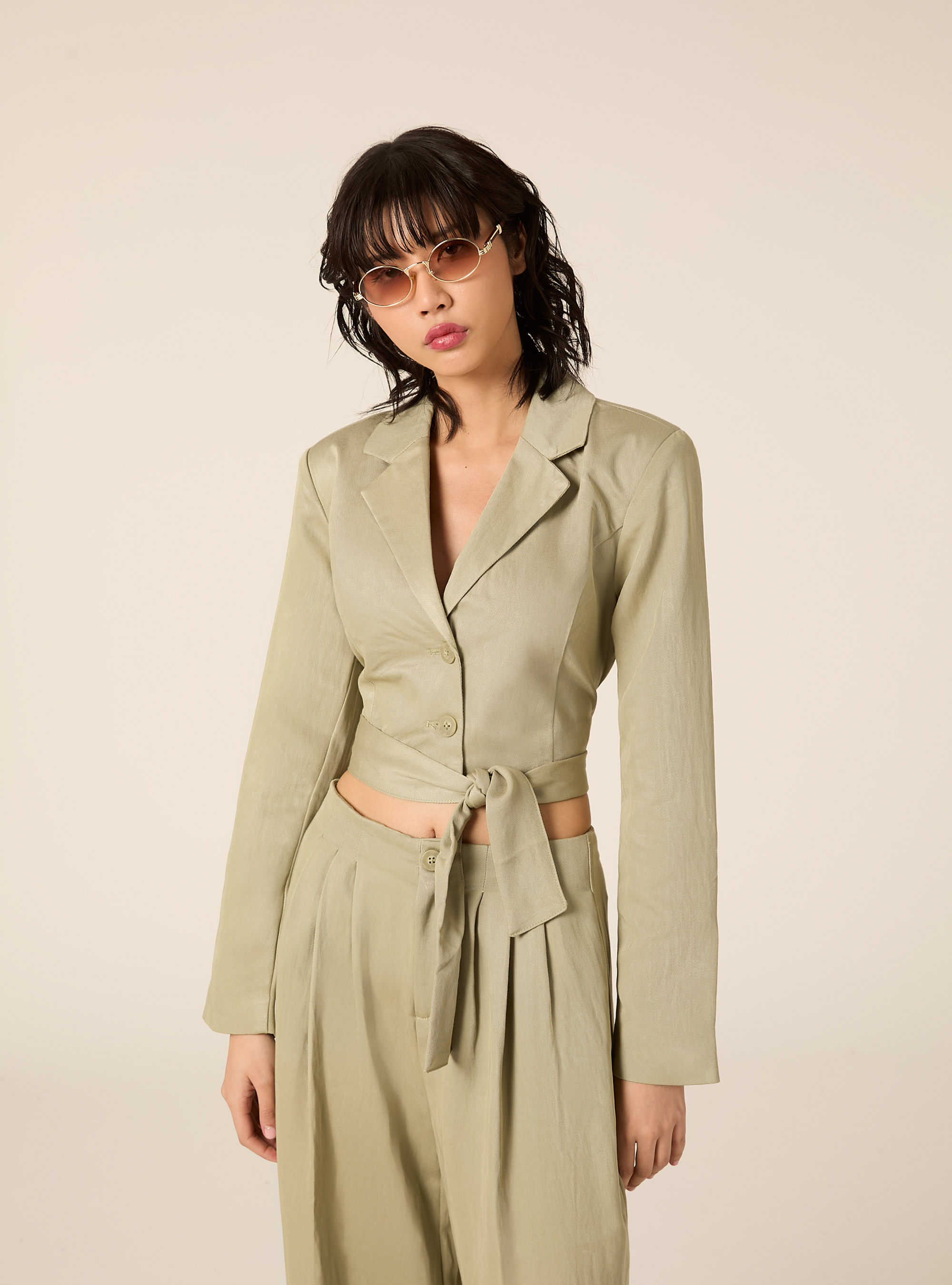 Blazer corto in twill, VERDE CHIARO