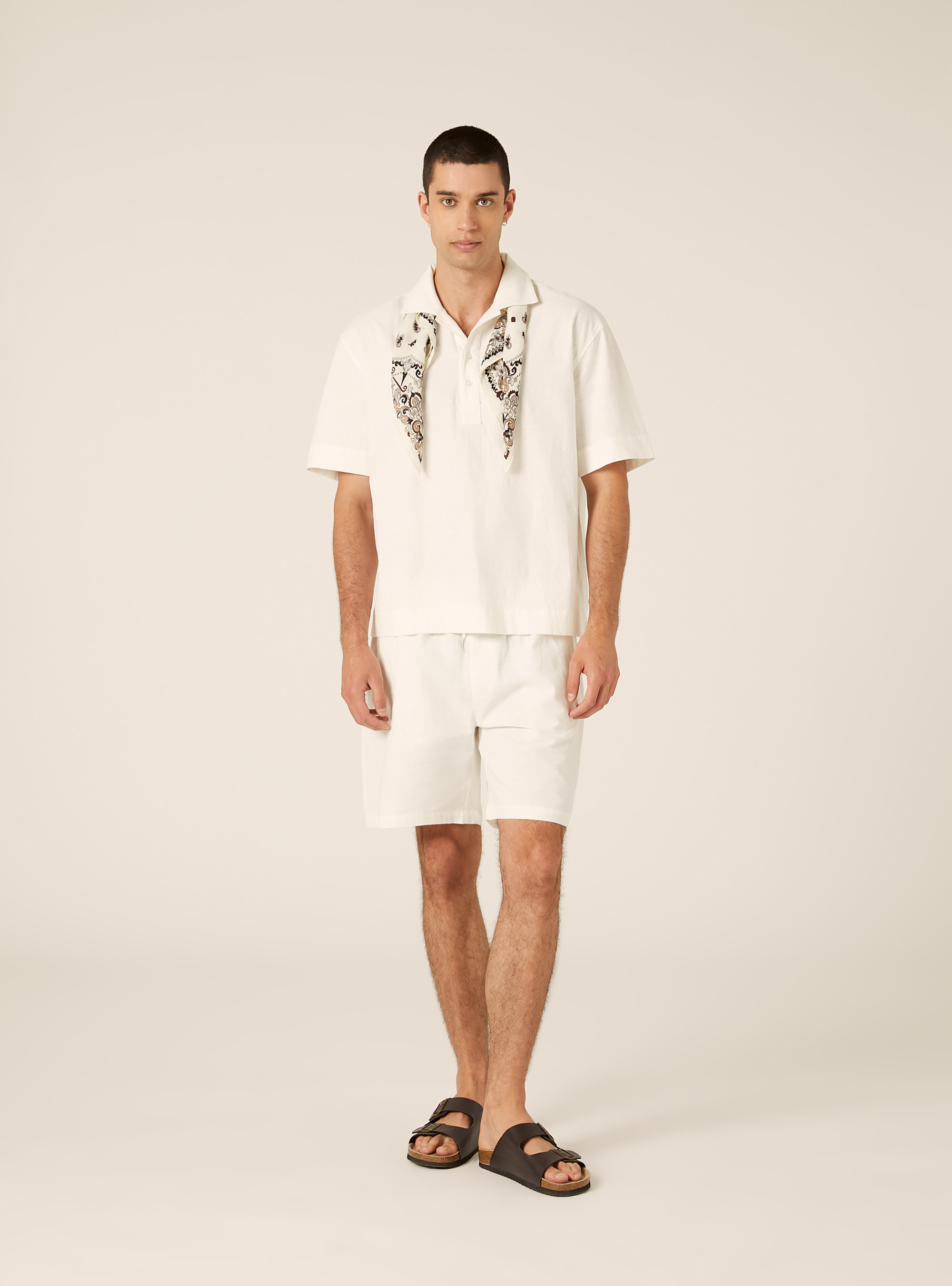 Polo Camicia in Misto Lino, OFF WHITE