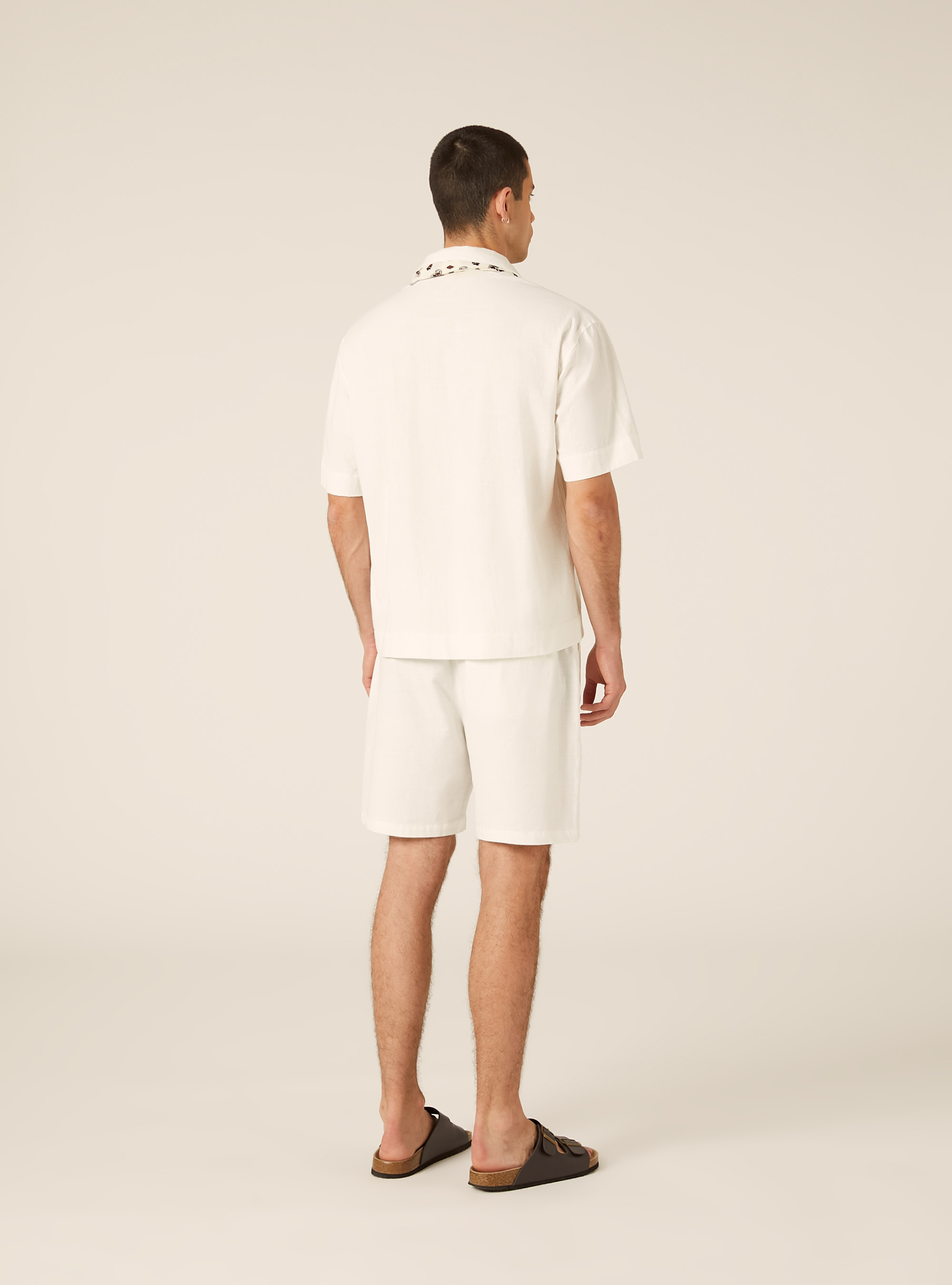 Polo Camicia in Misto Lino, OFF WHITE