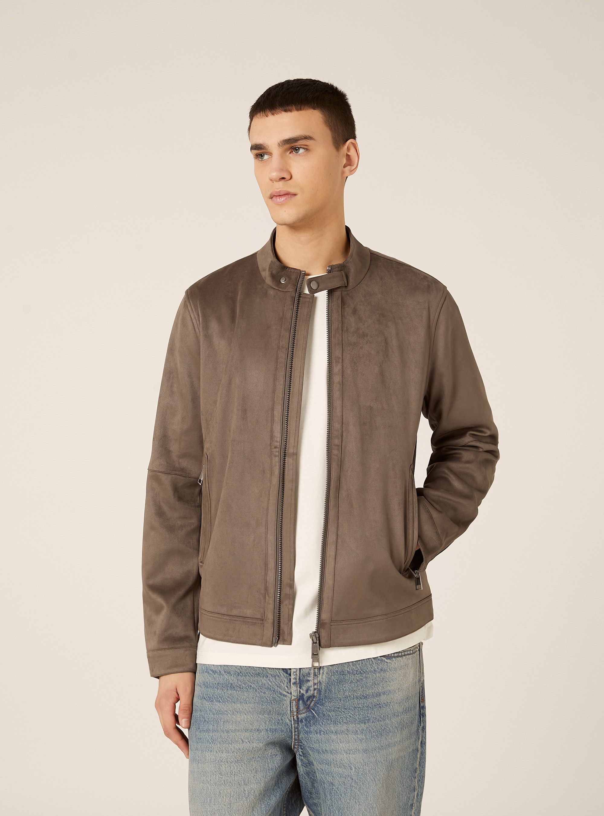 Suede-effect biker jacket, GY1 GREY DARK