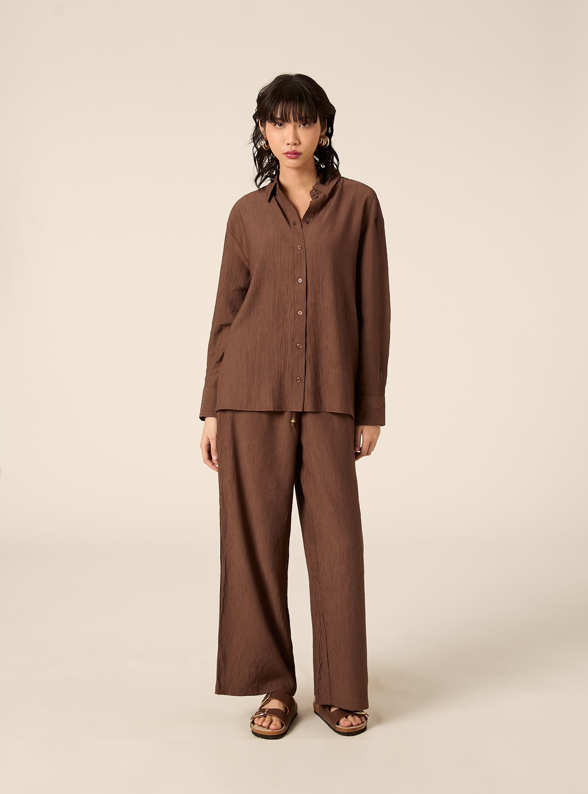 Camicia in crepe con lacci sul dietro, MARRONE MEDIO