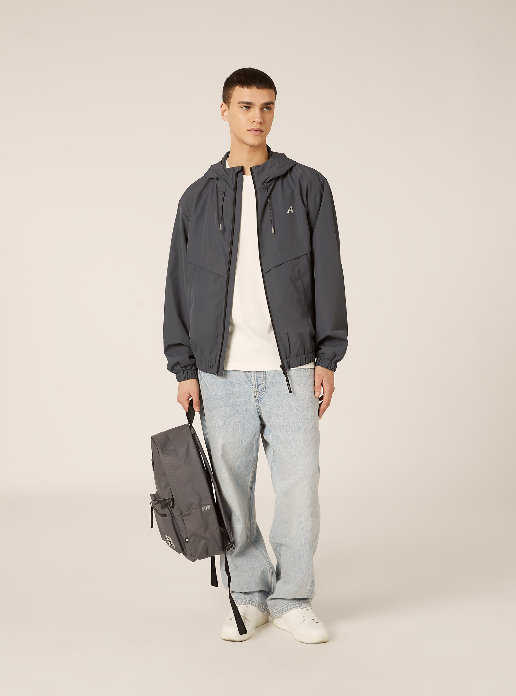 Windproof jacket in technical fabric, OB1 BLUE OIL DARK