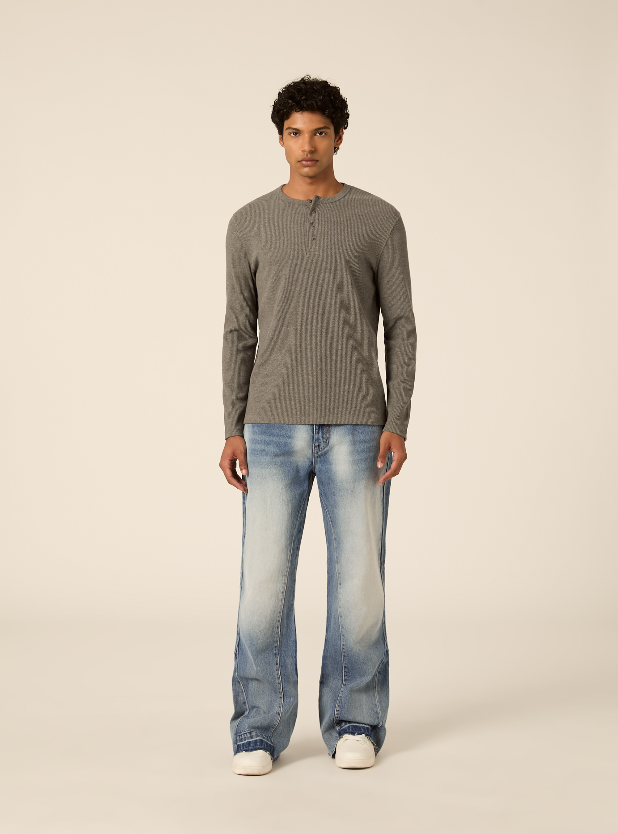 Maglietta henley a maniche lunghe a costine, GRIGIO SCURO MELANGE