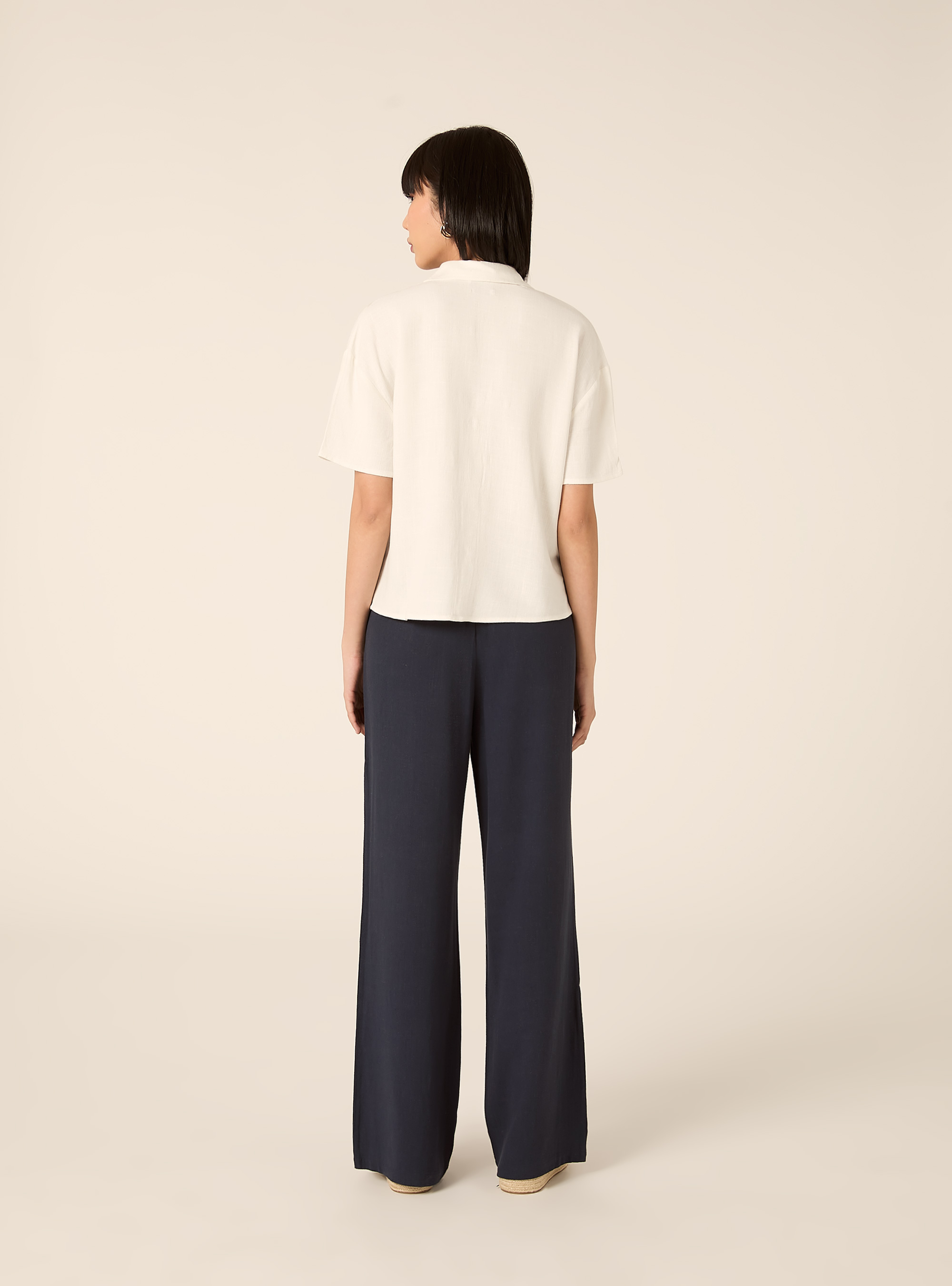 Camicia cropped in misto lino, PANNA