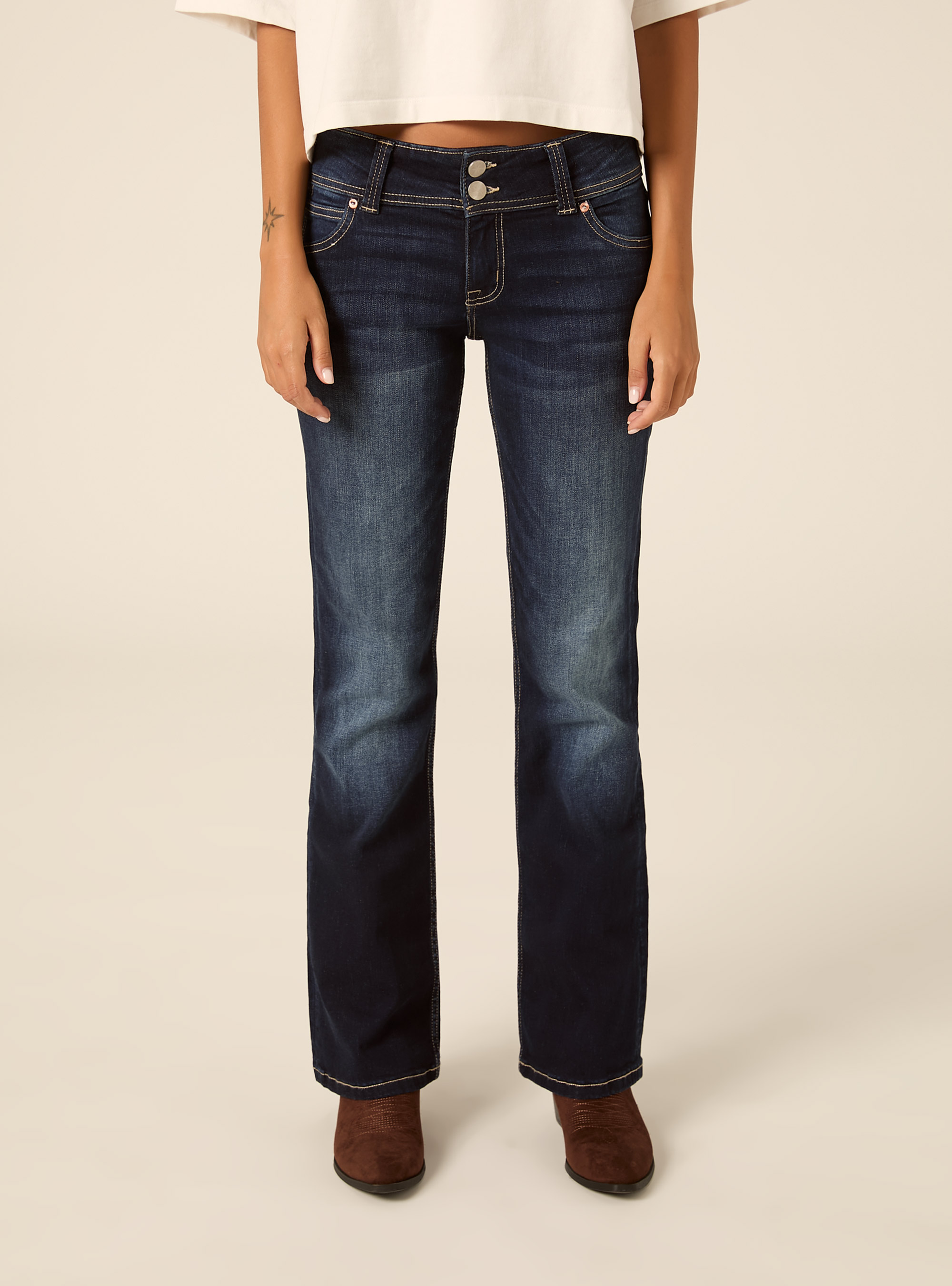 Jean bootcut taille basse avec poches &agrave; rabat, D002 MEDIUM DARK BLUE