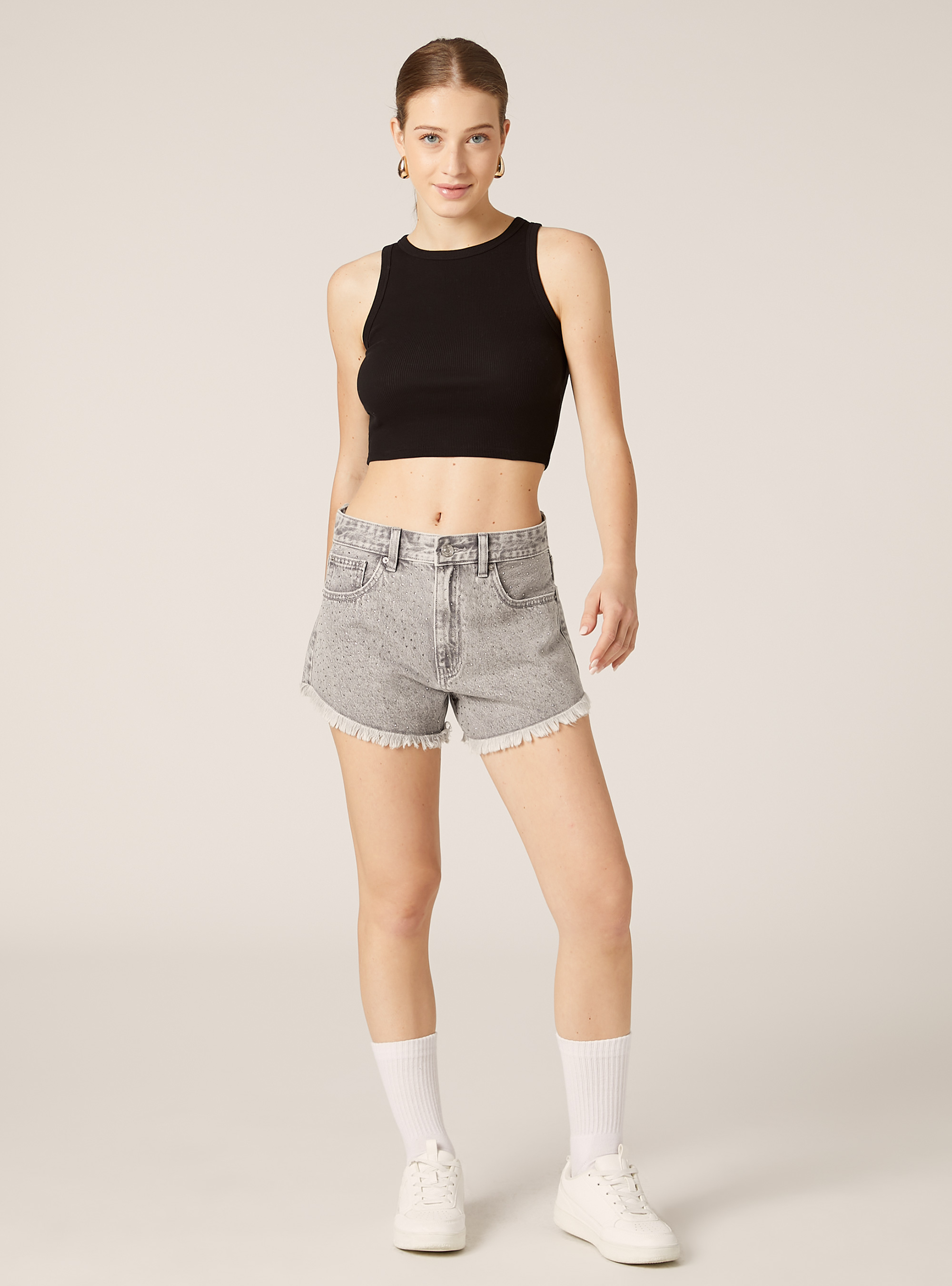 Denim shorts with rhinestones, D00G GREY