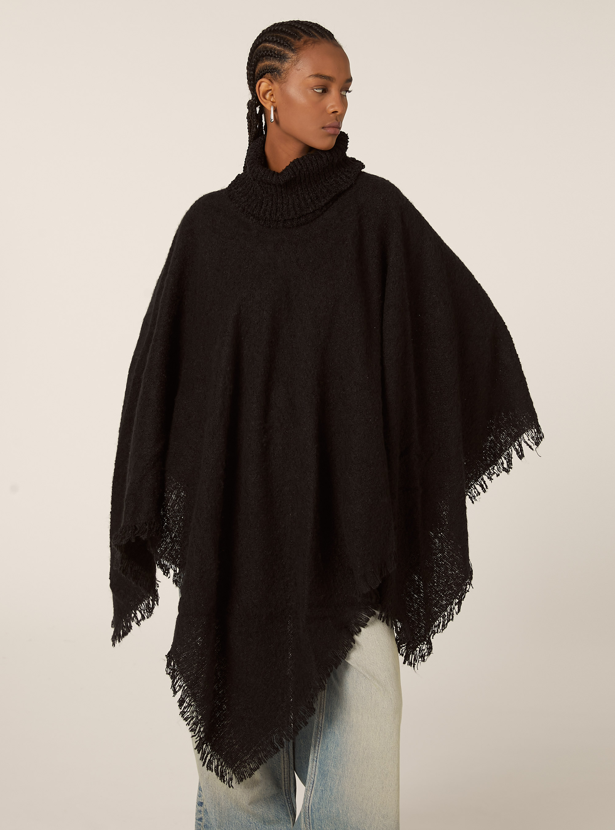 Poncho doux au toucher &agrave; col montant, BK1 BLACK