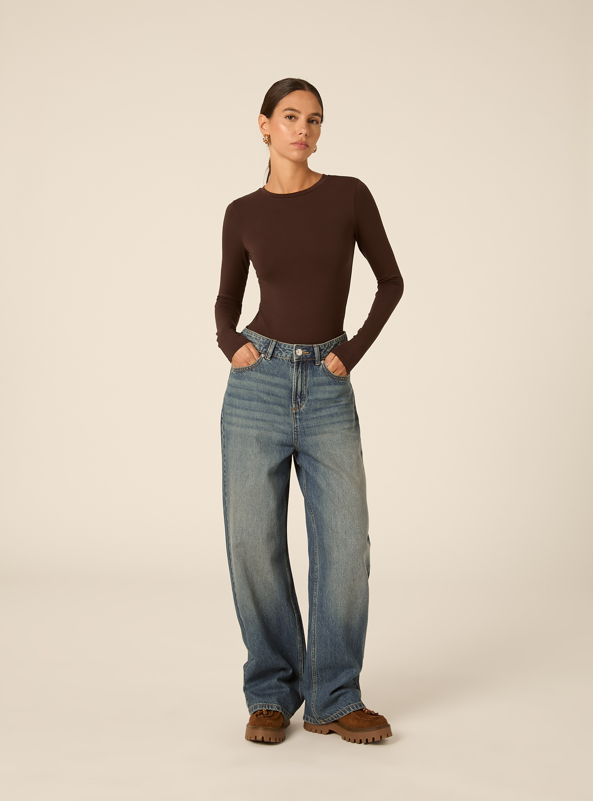 Long Sleeve Crew Neck Body, BR1 BROWN DARK