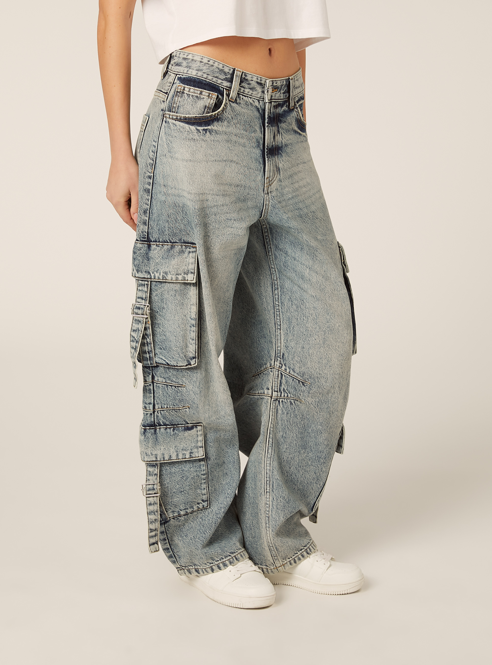 Baggy-fit cargo jeans with drawstrings, D006 AZURE