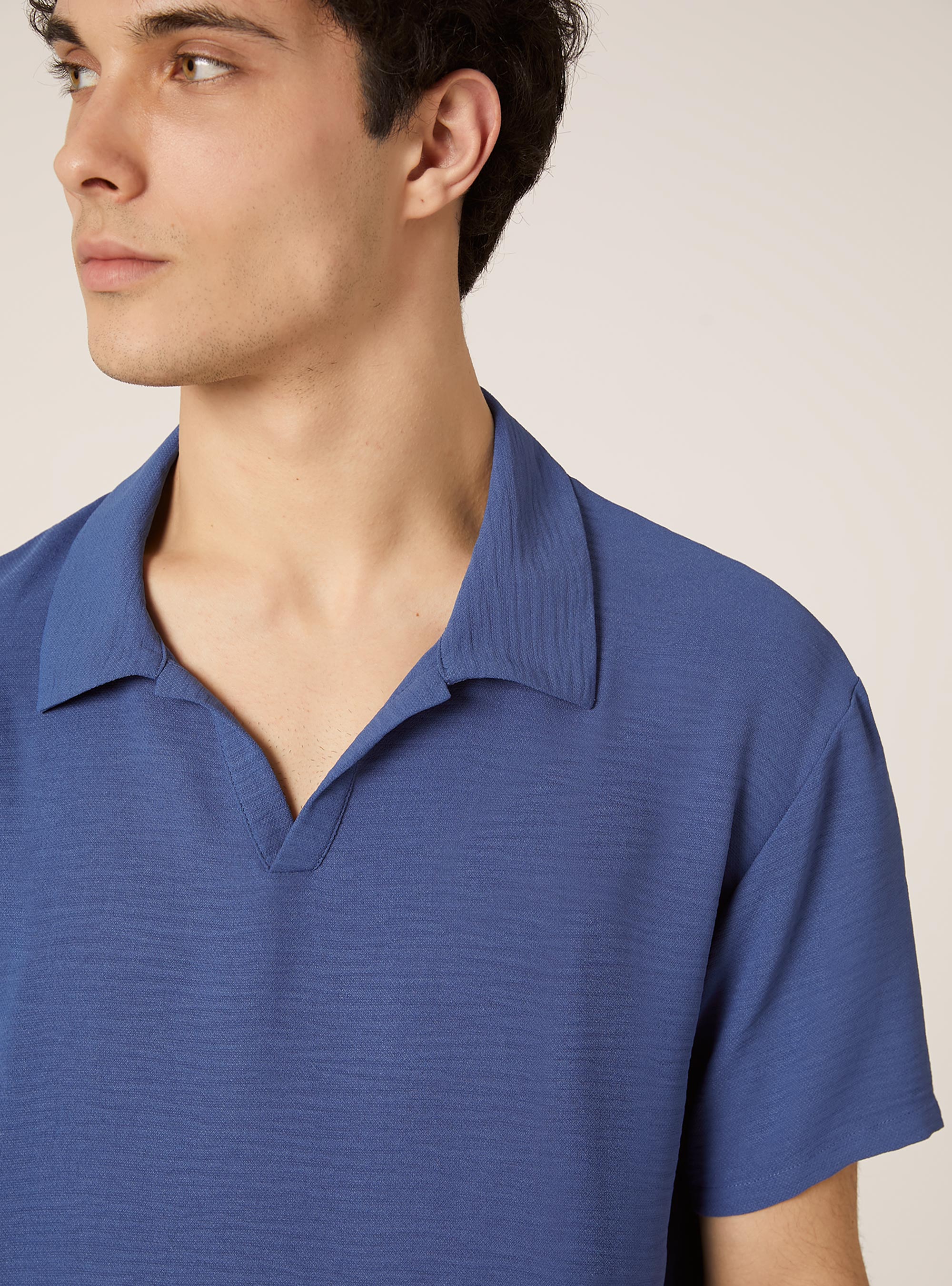 Polo en crepe &agrave; col ouvert, BL1 BLUE DARK