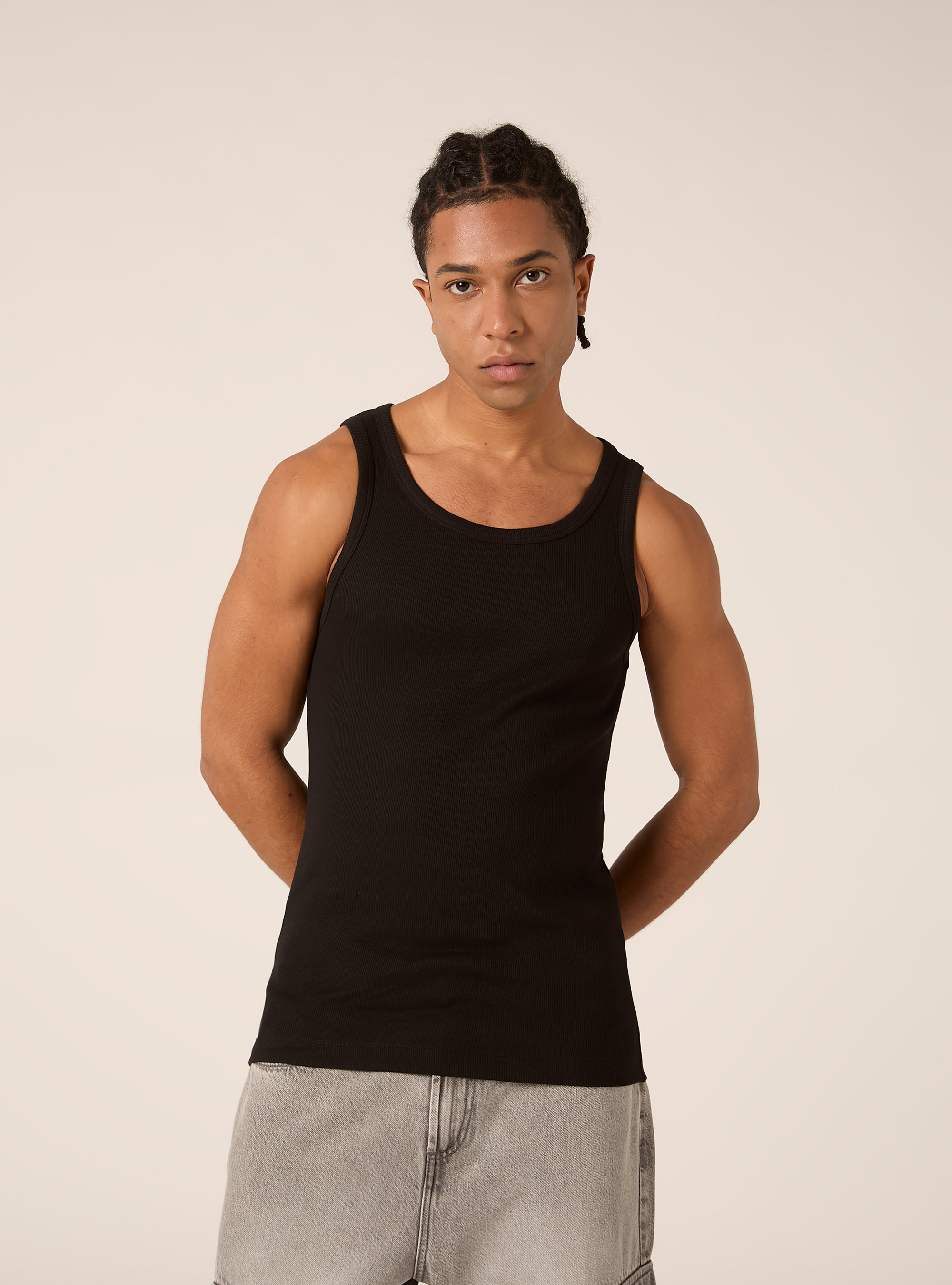 Slim Fit Ribbed Cotton Tank Top, BK1 BLACK