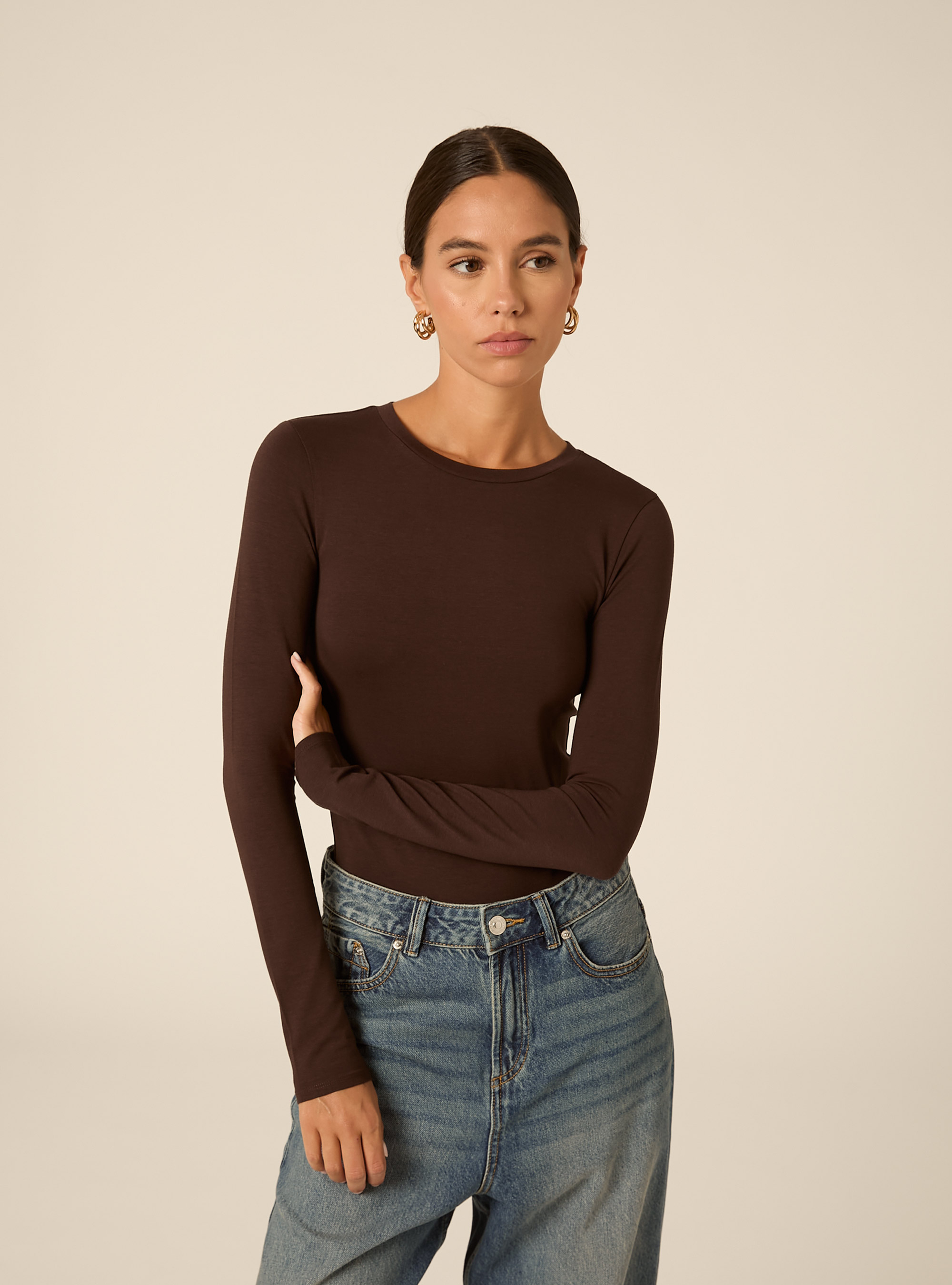 Long Sleeve Crew Neck Body, BR1 BROWN DARK