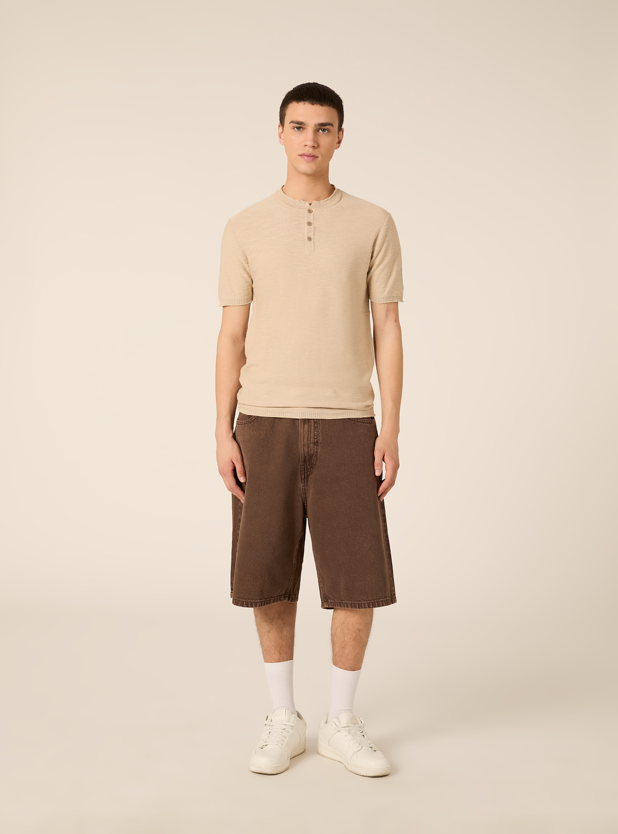 Short Sleeve Henley Pullover, BG2 BEIGE MEDIUM