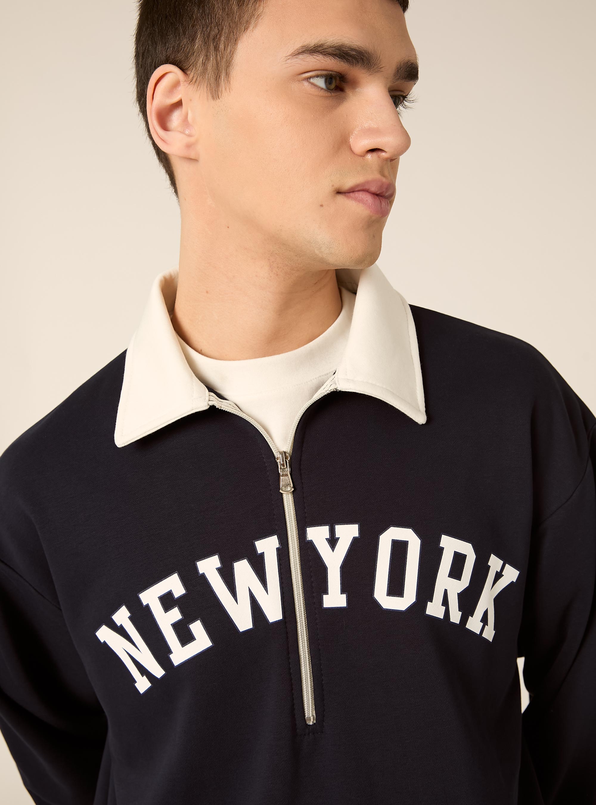 Felpa Boxy con Mezza Zip e Ricamo New York, NAVY MEDIO