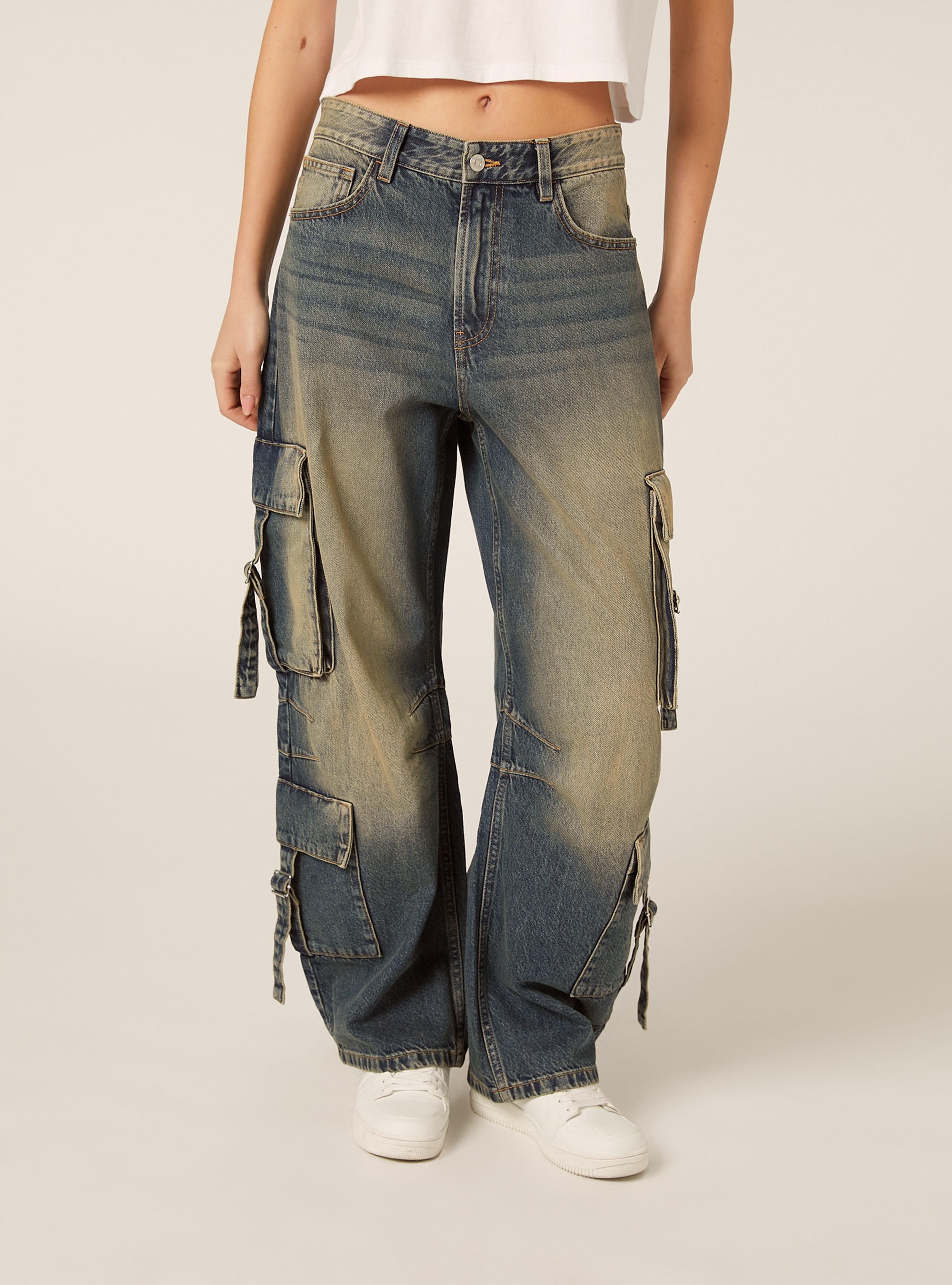 Vaqueros cargo de corte holgado con presillas, D100 BLUE DARK OVERDYE