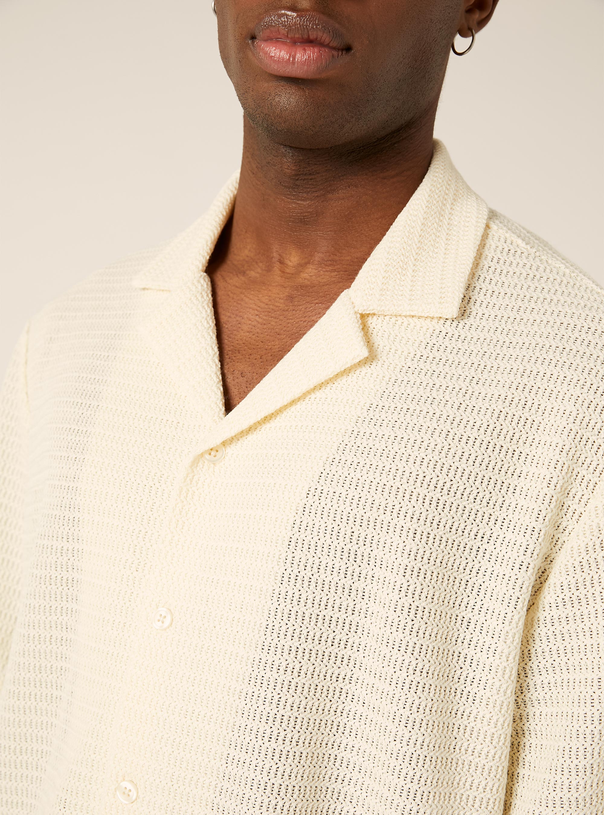 Crochet-Effect Lightweight Knit Bowling Shirt, WH1 OFF WHITE
