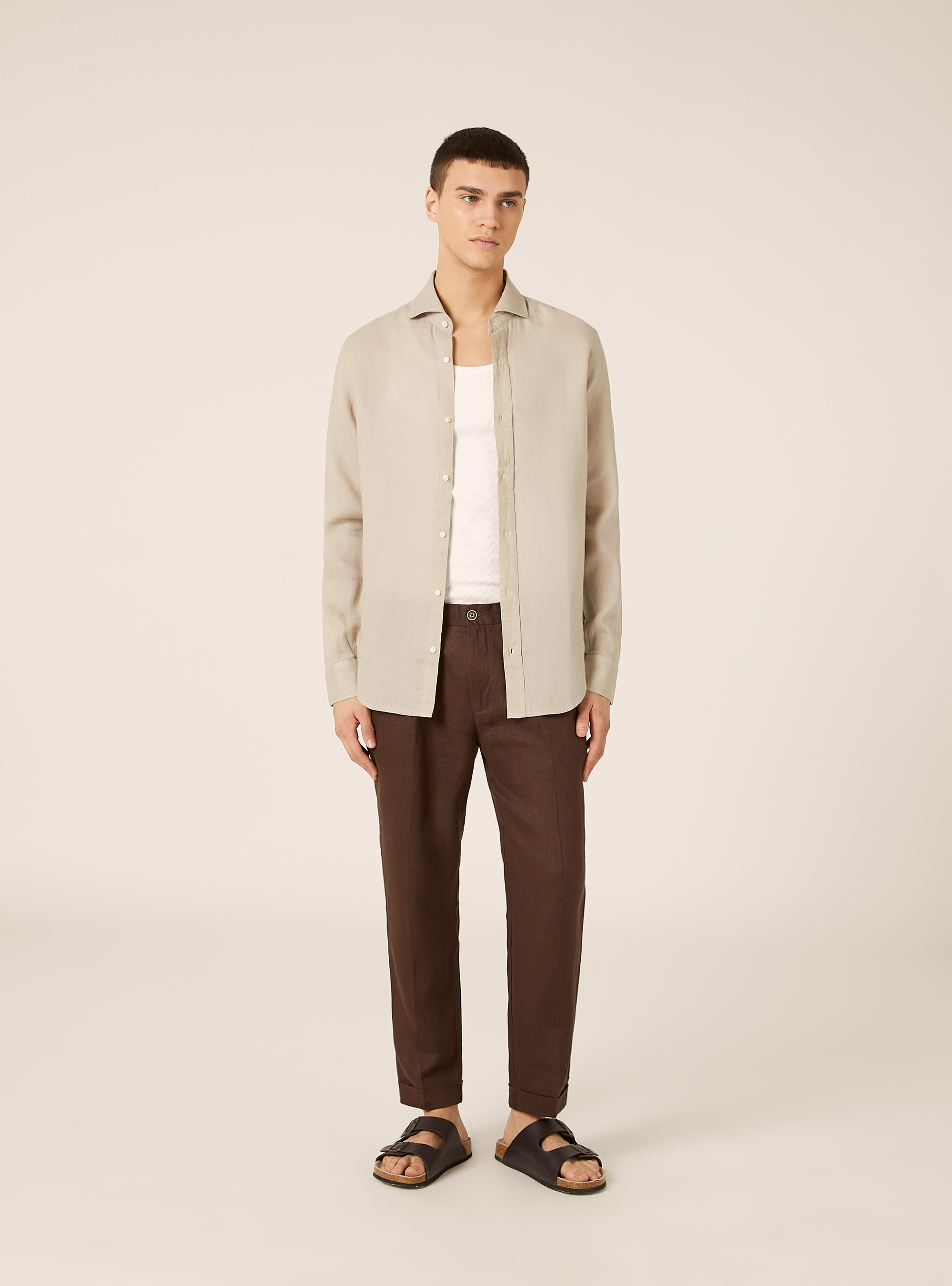 Camicia in puro lino a maniche lunghe, BEIGE MEDIO MELANGE