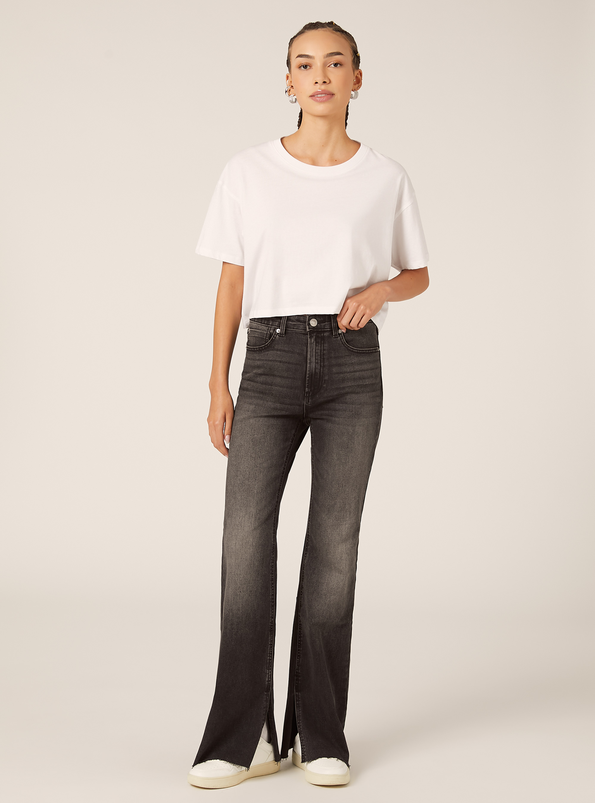 Jeans flare taille haute, D000 BLACK