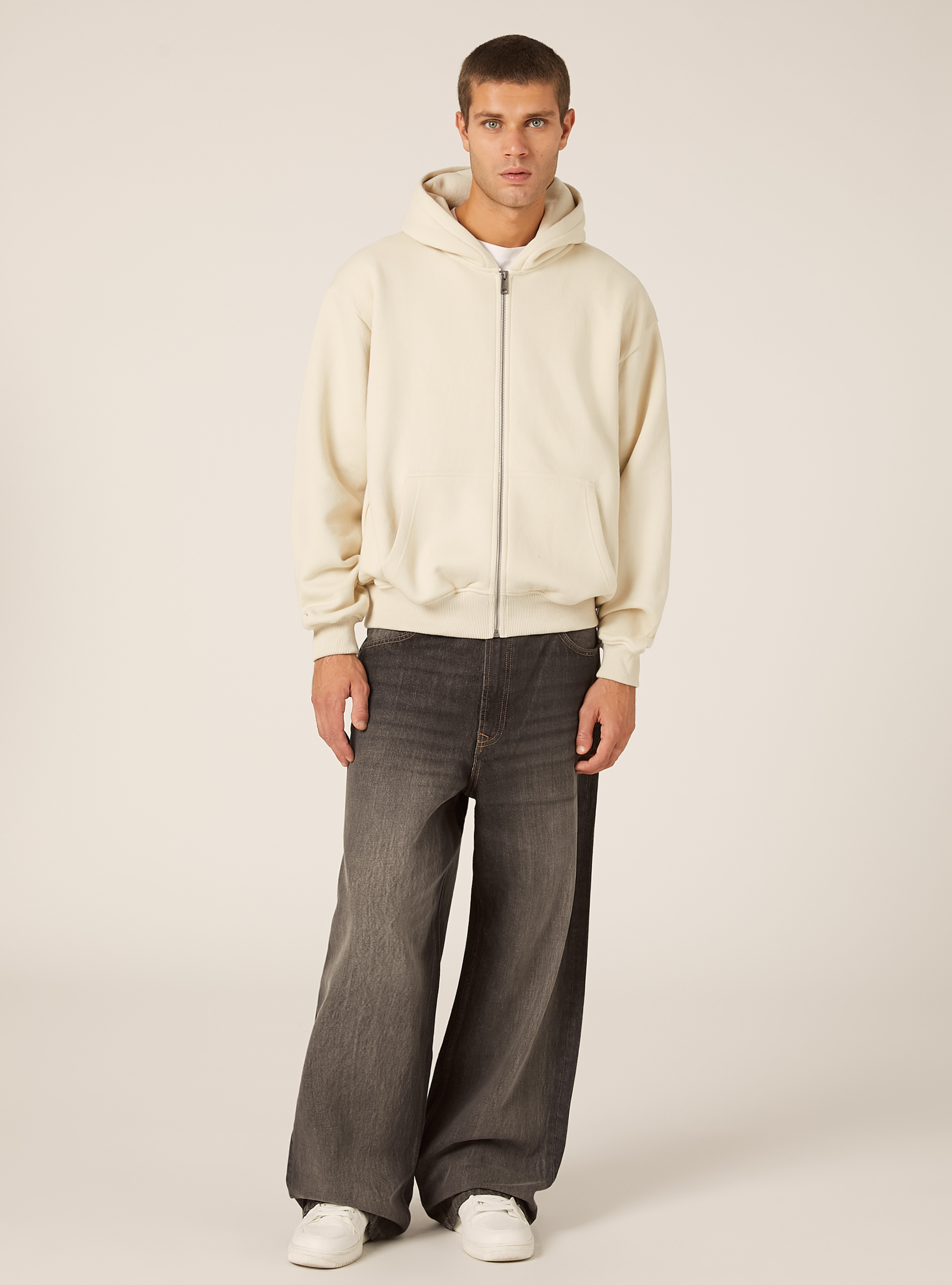 Sweat-shirt zipp&eacute; &agrave; capuche coupe boxy, CR3 CREAM LIGHT