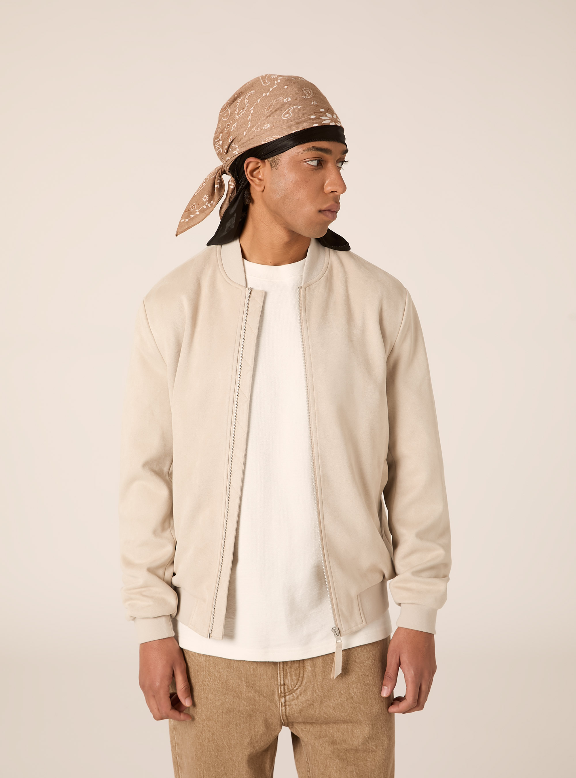 Suede-effect bomber jacket, CR3 CREAM LIGHT