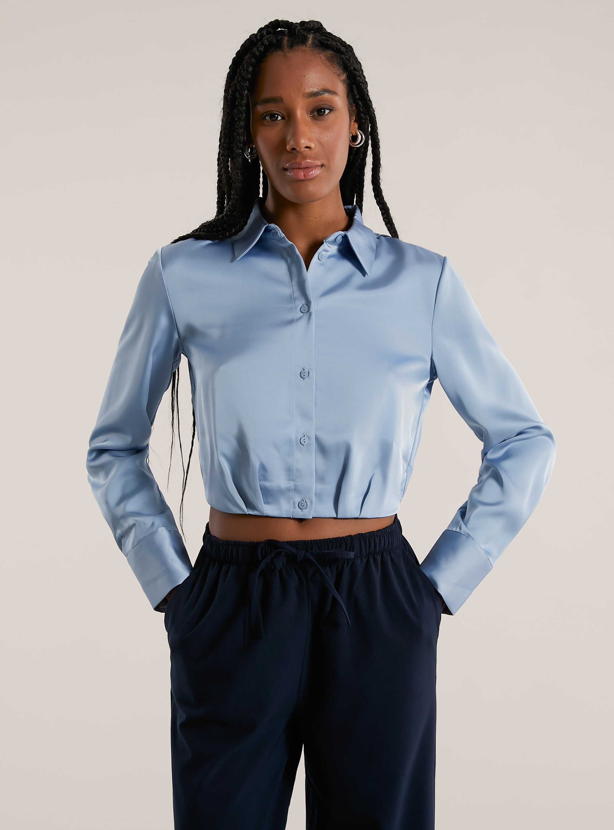Chemise crois&eacute;e en satin, AZ2 AZURE MEDIUM
