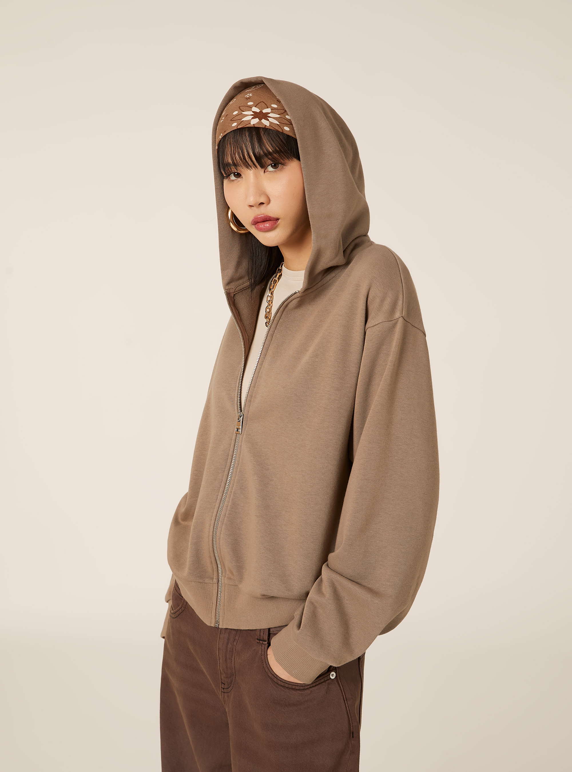 Sweat-shirt zipp&eacute; coupe boxy, BR3 BROWN LIGHT