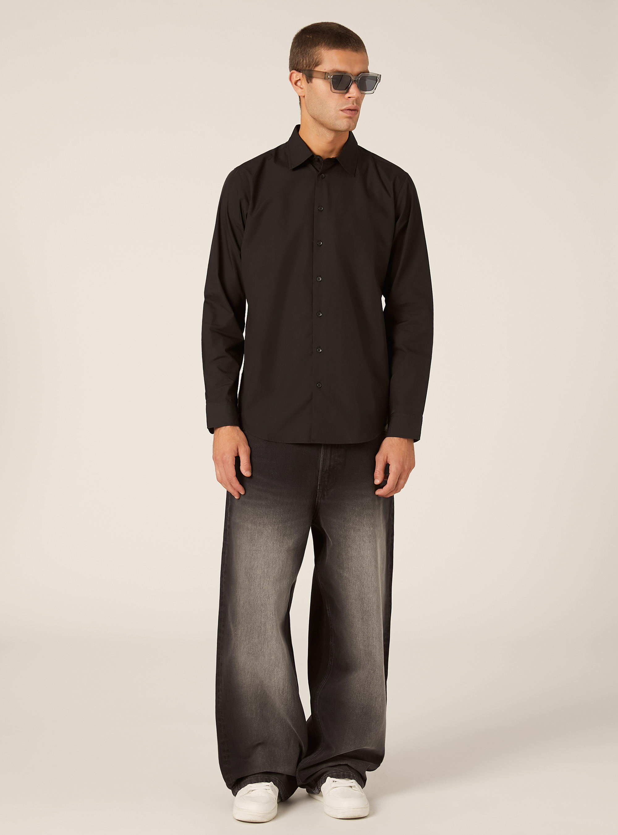 Chemise &agrave; manches longues unie, BK1 BLACK