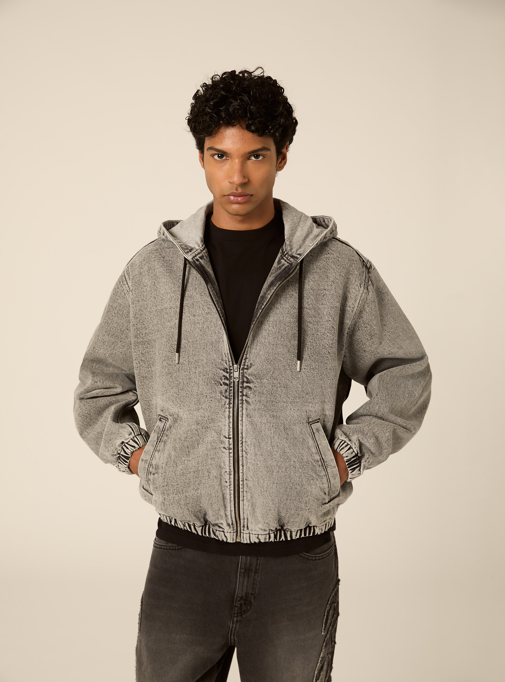 Hooded denim bomber jacket, D00G GREY
