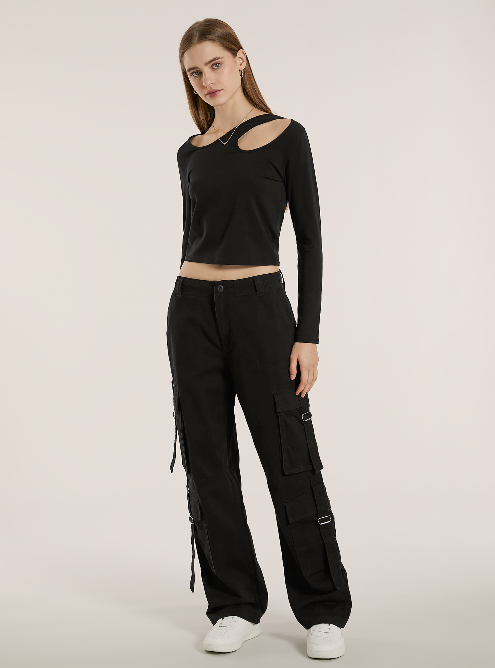 Pantalon multi-cargo en serg&eacute;, BK1 BLACK