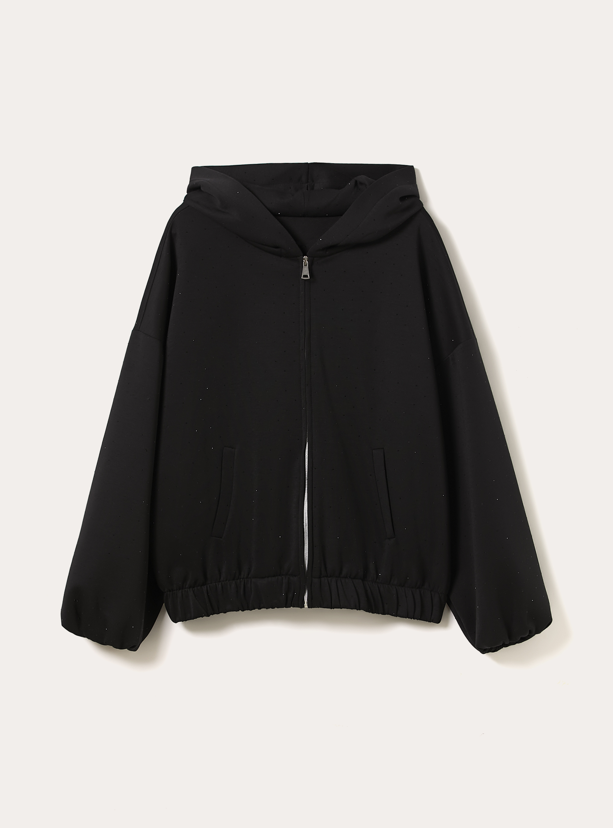 Felpa con zip fit soft touch con strass, NERO