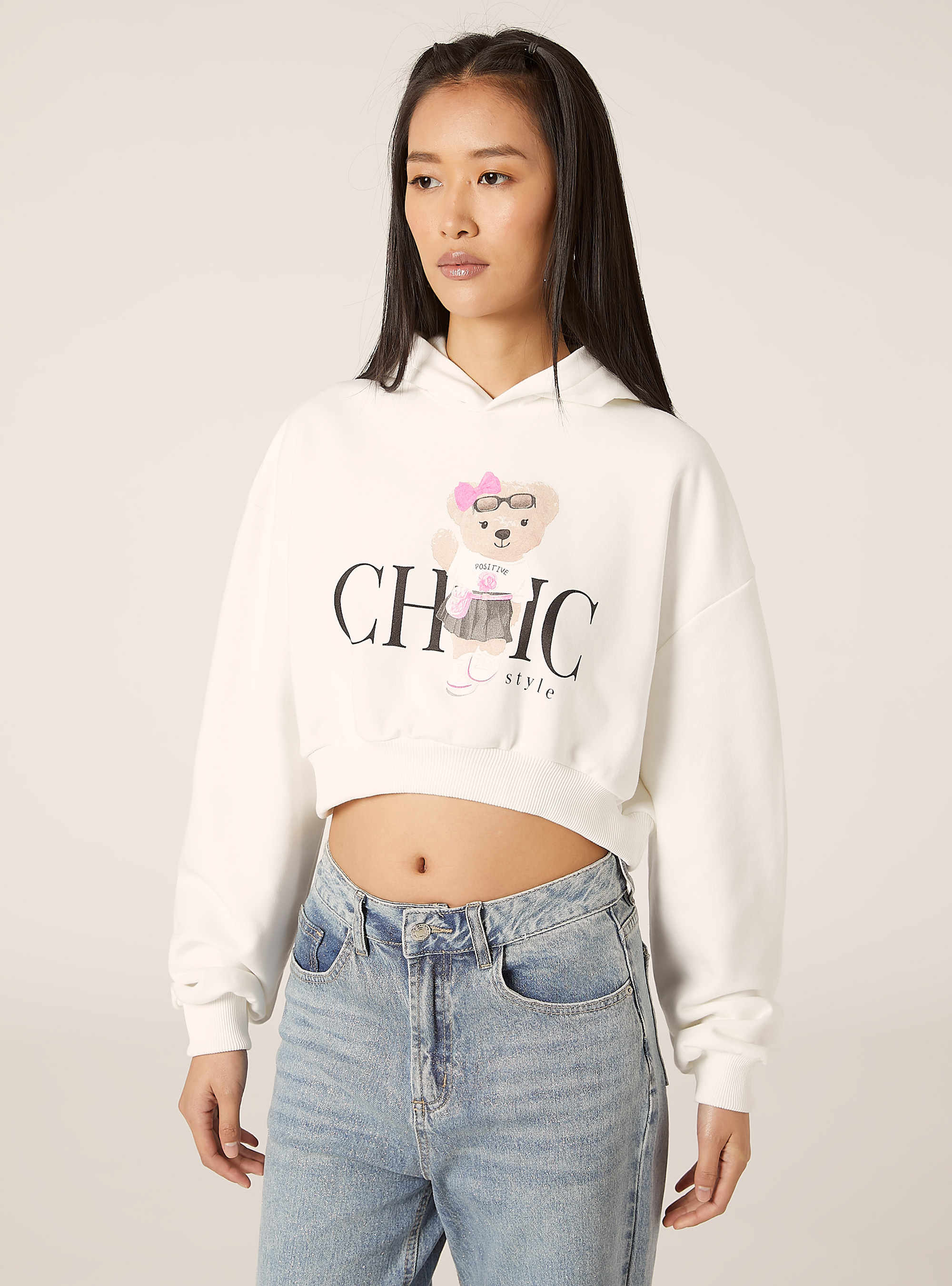 Sweatshirt court avec imprim&eacute; Teddy, WH2 WHITE