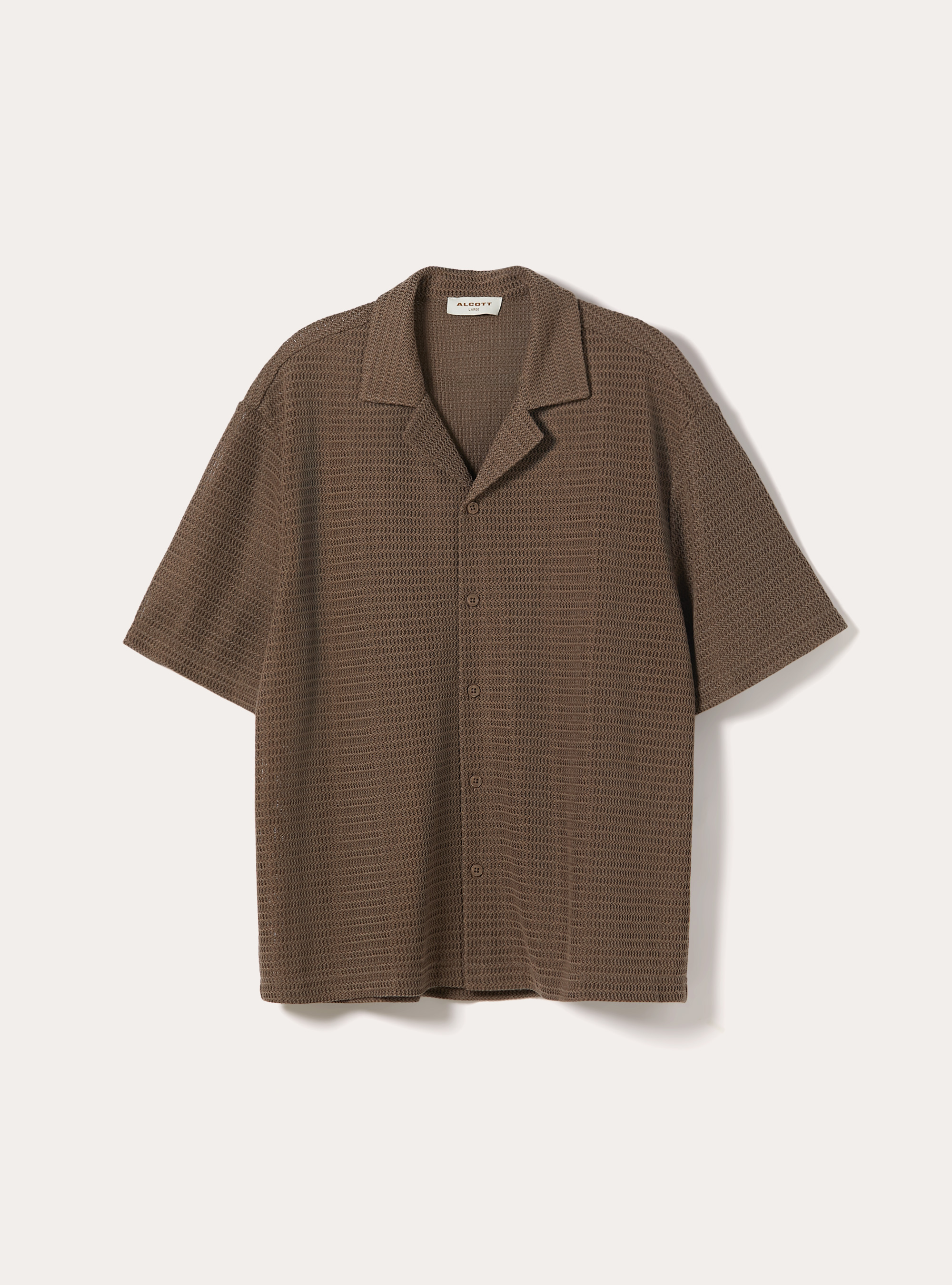 Crochet-Effect Lightweight Knit Bowling Shirt, BR3 BROWN LIGHT