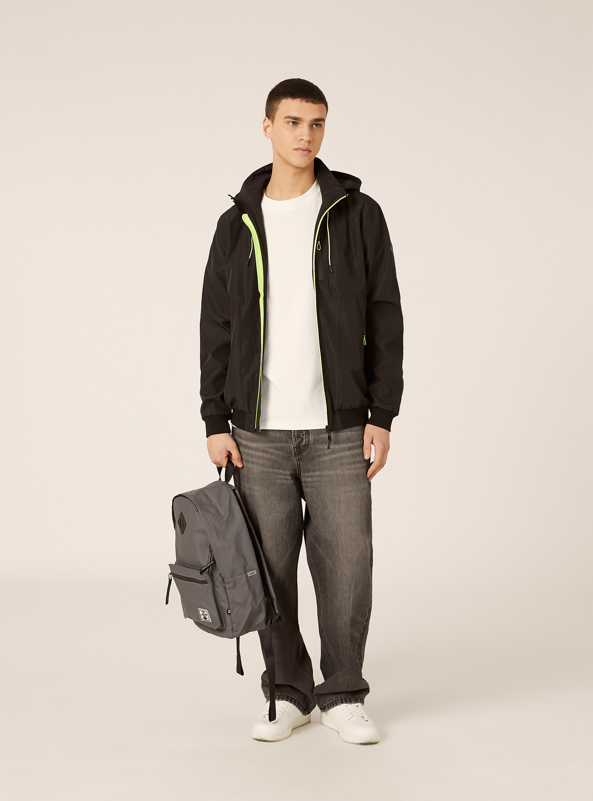 Windproof bomber jacket with hood, BK1 BLACK