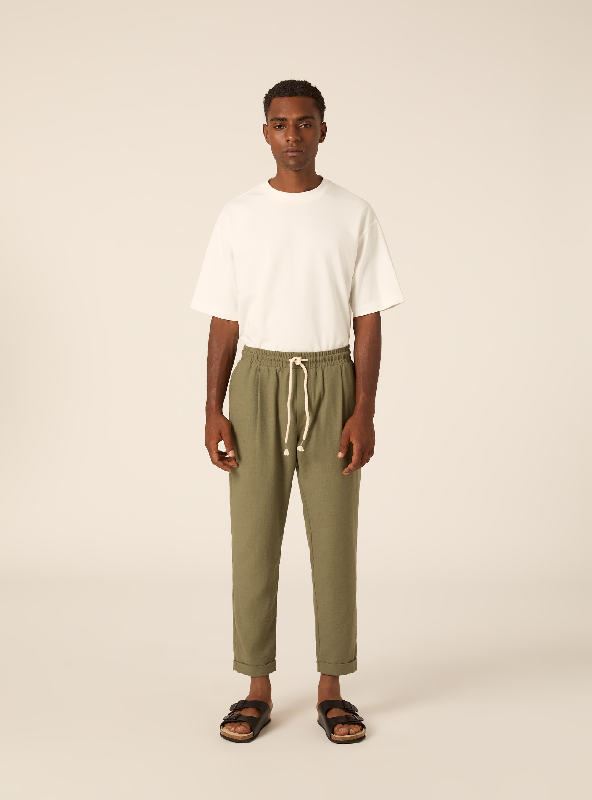 Comfort Fit Pleated Trousers with Drawstring, KY2 KAKY MEDIUM