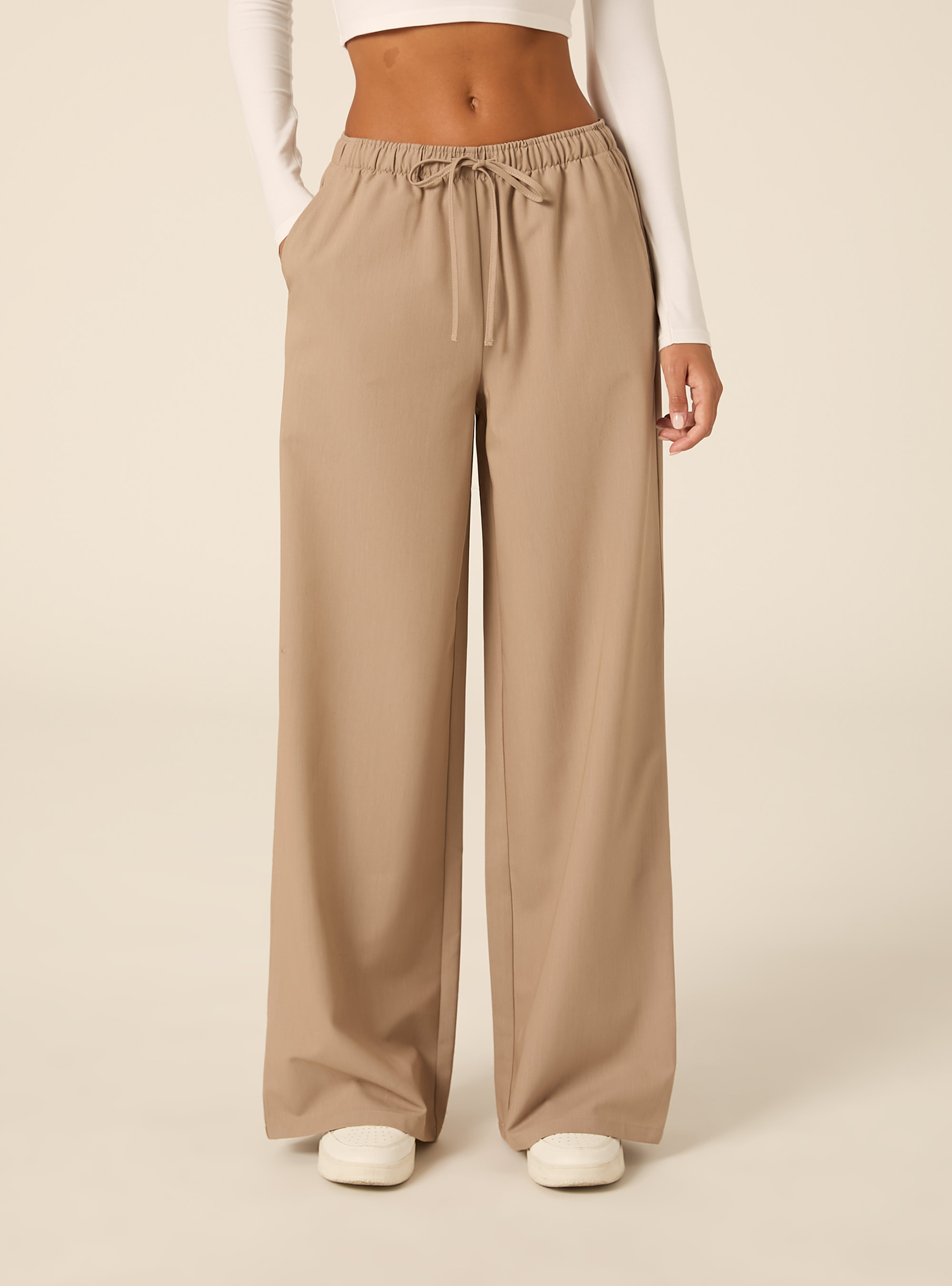 Pantal&oacute;n recto con el&aacute;stico en la cintura, BG1 BEIGE DARK
