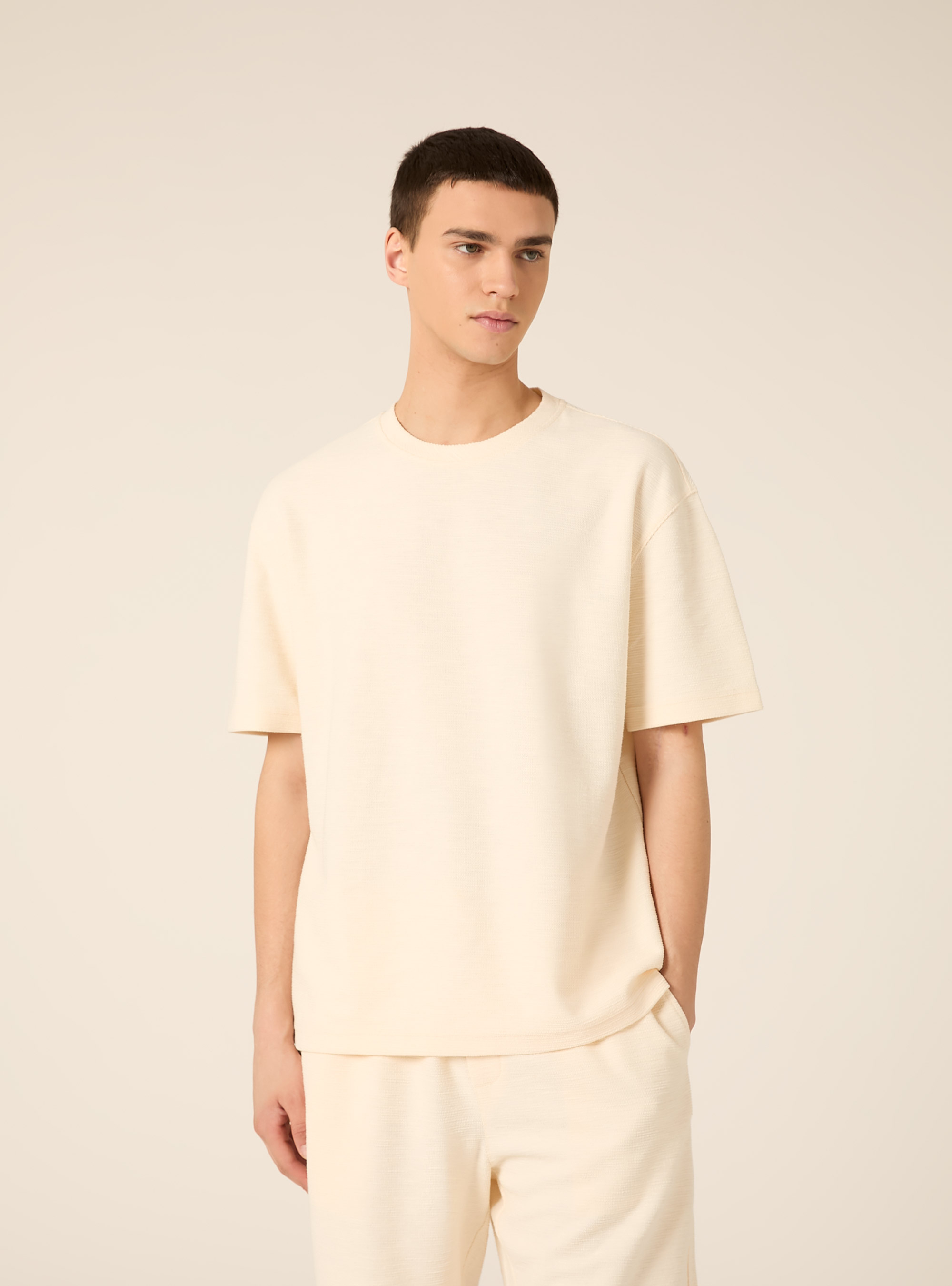 Maglietta in cotone con texture, PANNA